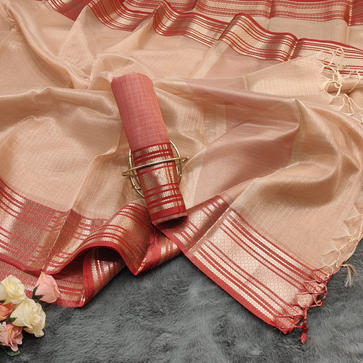 SC001 ORANGE PURE KOTA DORIA TISSUE SAREE
