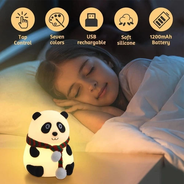 QK0014 Heavy Quality Rechargeable Silicone Panda Night Light for Kids | 7-Color LED Changing Lamp