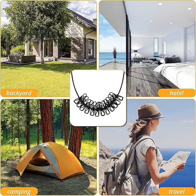 QC006 Clip Rope | Cloth Line Rope | Portable Drying Rope with 12 Clips and 2 Hooks | Drying Rope for Balcony-Garden-Terrace-Backyard-Travel-Camping | Multicolor