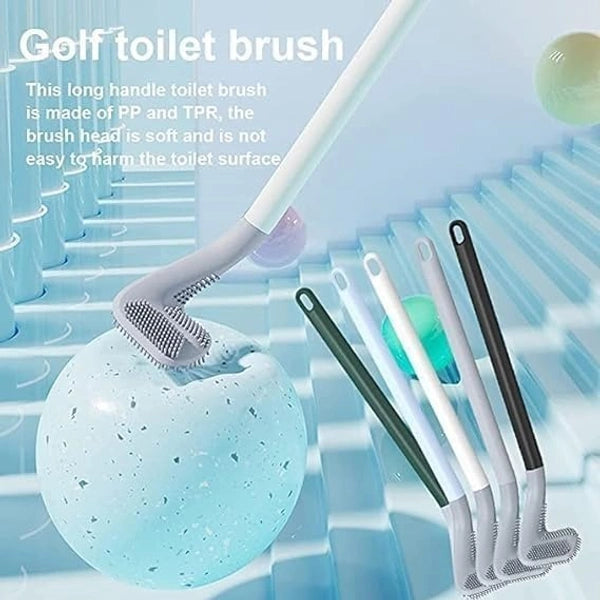 QK004 Golf Shape Silicone Toilet Brush with Self-Adhesive Wall Hook Holder Anti-drip Non-Slip Long Handle Quick & Easy Cleaning Bathroom Cleaner Set for Western & Indian Toilets (Pack of 1)