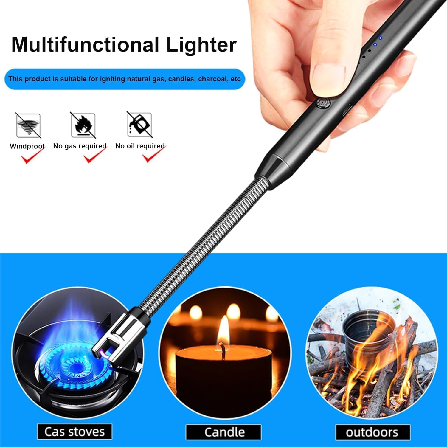 QK002 ARC BBQ Electric Candle Lighter - Rechargeable, Windproof, USB, 360° Flexible Neck Arc Lighter (Multicolor)