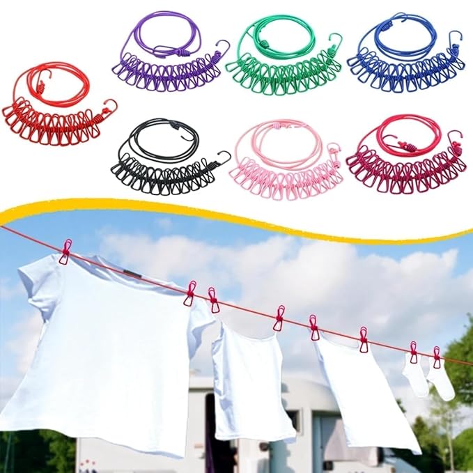 QC006 Clip Rope | Cloth Line Rope | Portable Drying Rope with 12 Clips and 2 Hooks | Drying Rope for Balcony-Garden-Terrace-Backyard-Travel-Camping | Multicolor