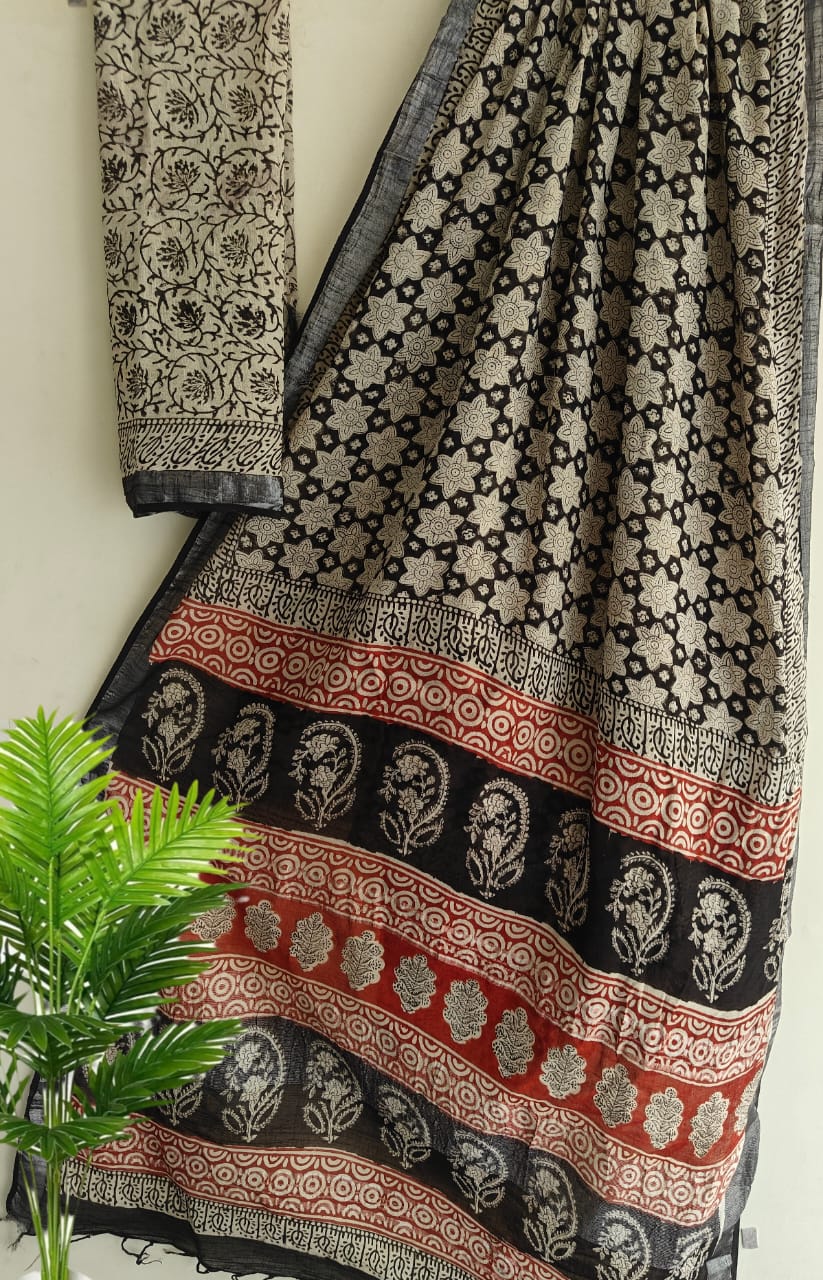 SGT002  New Kalamkari Print linen Saree