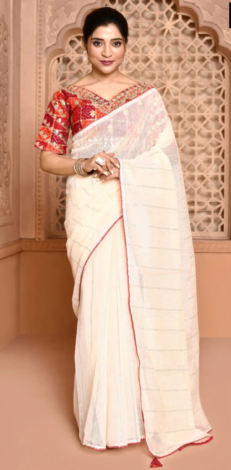 PRD002 🥻  SHOFT  LINEN COTTON GLOSSY N JARI WEAVING FANCY SAREE KAJUKATLI LACE BORDER WITH JARI WEAVING  SAREE