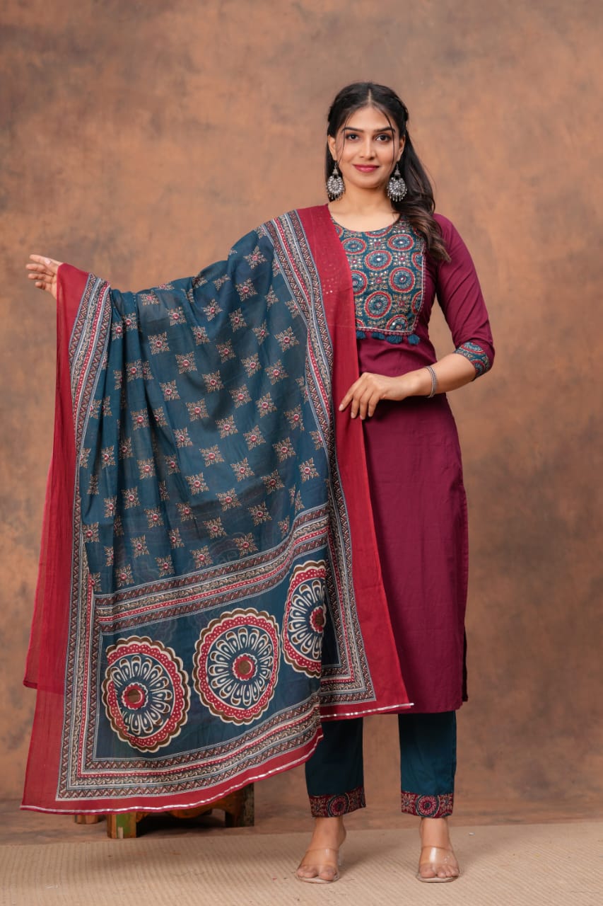 RJC001 Cotton straight kurti,pant, dupatta sets
