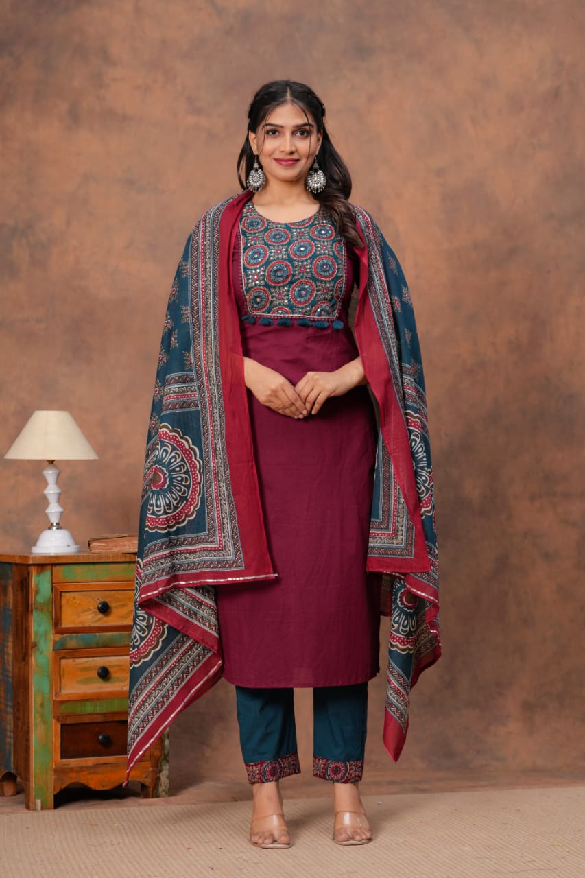 RJC001 Cotton straight kurti,pant, dupatta sets