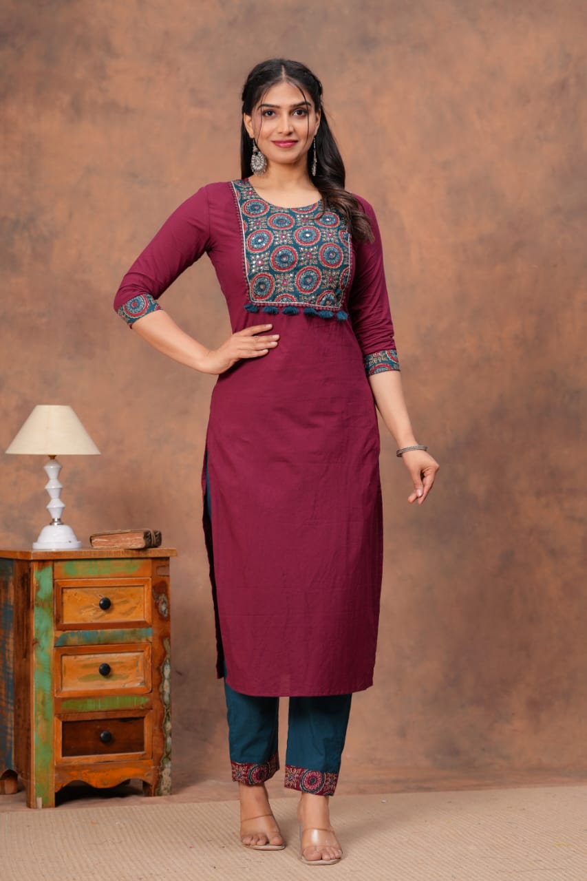 RJC001 Cotton straight kurti,pant, dupatta sets