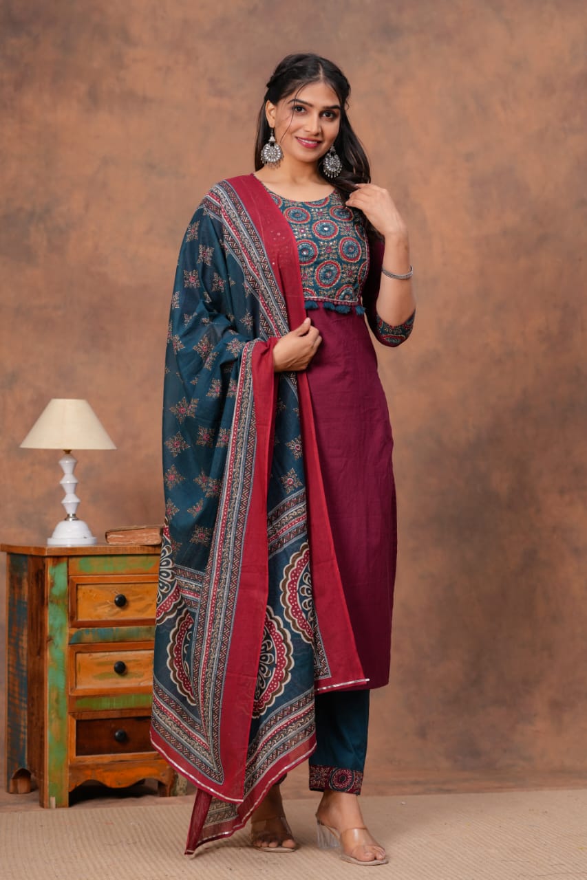 RJC001 Cotton straight kurti,pant, dupatta sets
