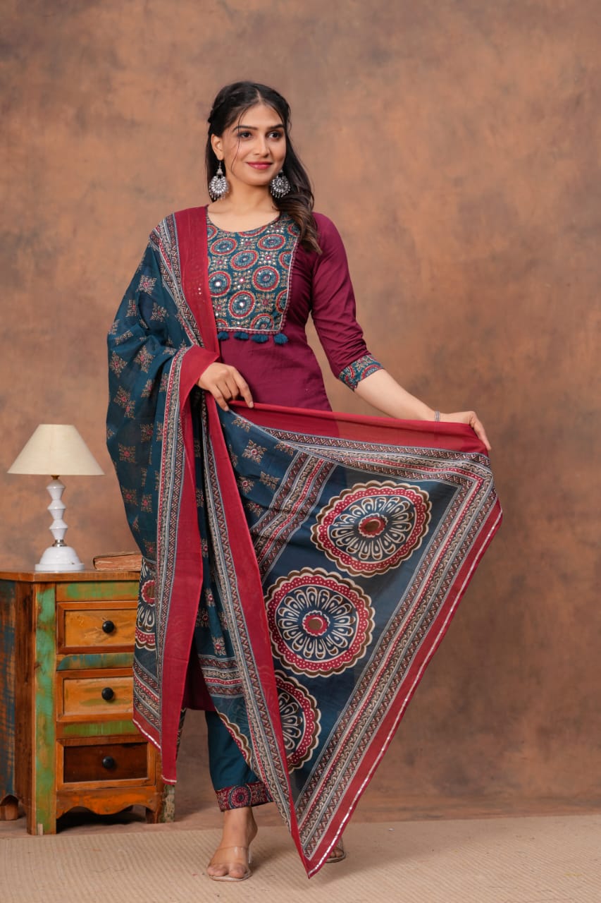 RJC001 Cotton straight kurti,pant, dupatta sets