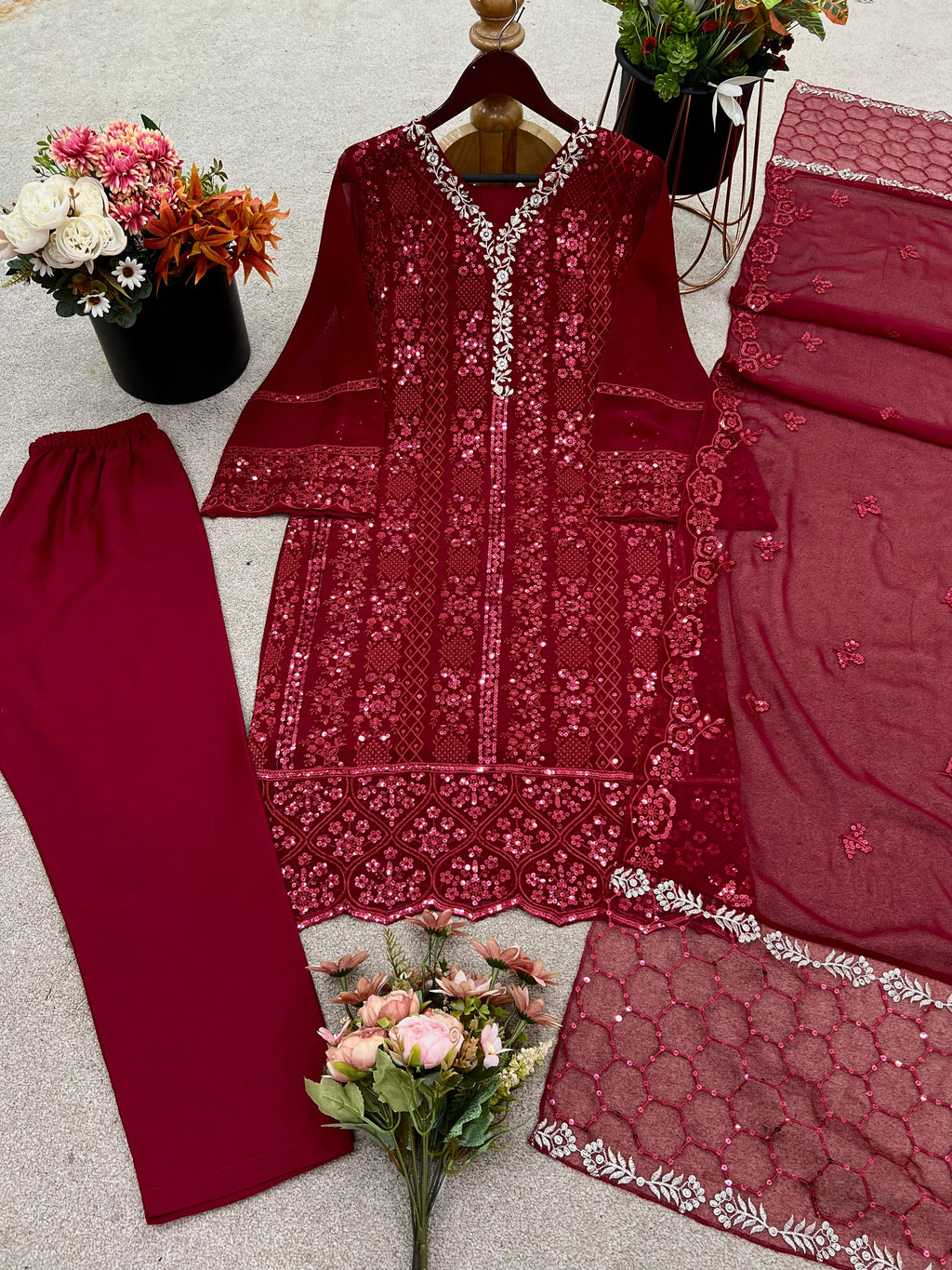 PRD0016 Presenting New Designer Collection In Faux Georgette Top-Bottom And Dupatta Set Fully Stitched Ready To Wear