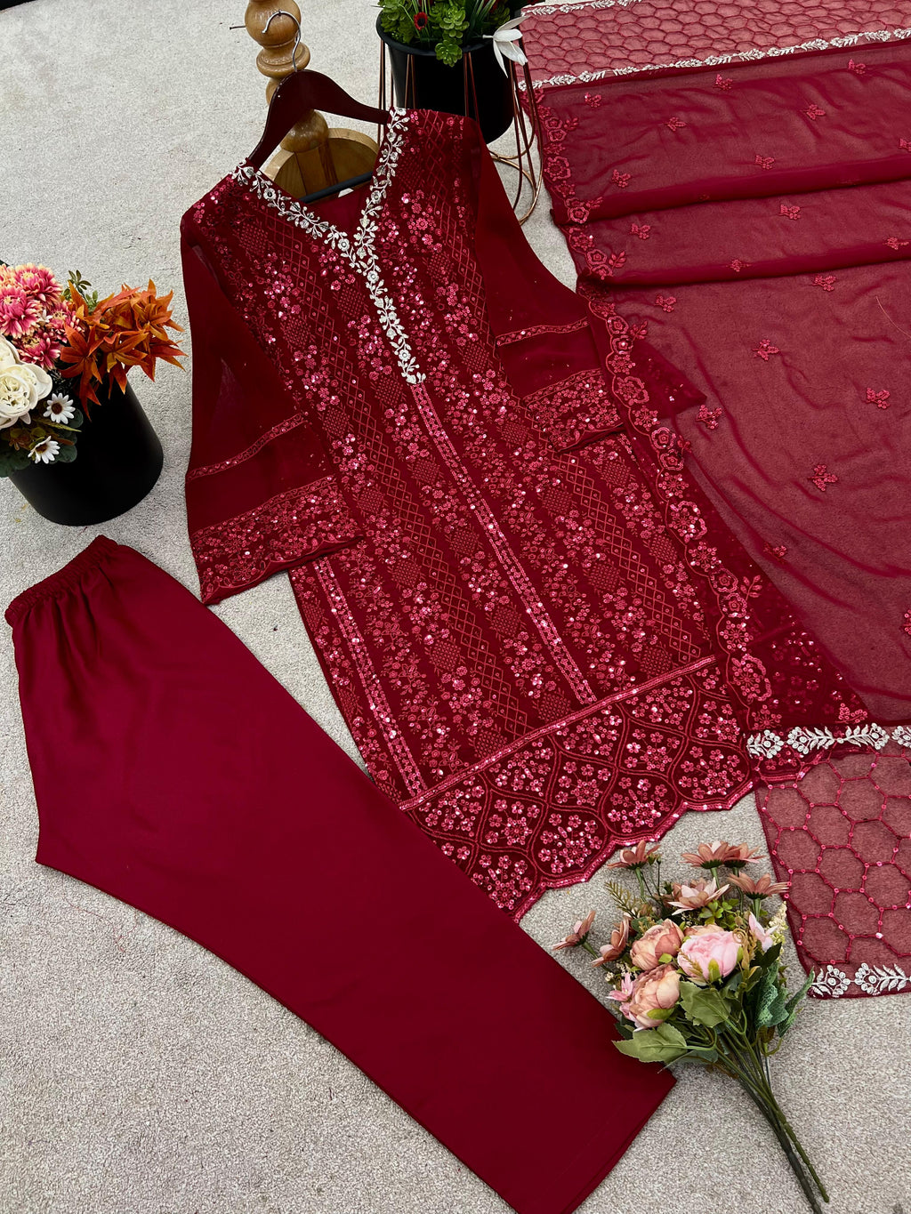 PRD0016 Presenting New Designer Collection In Faux Georgette Top-Bottom And Dupatta Set Fully Stitched Ready To Wear