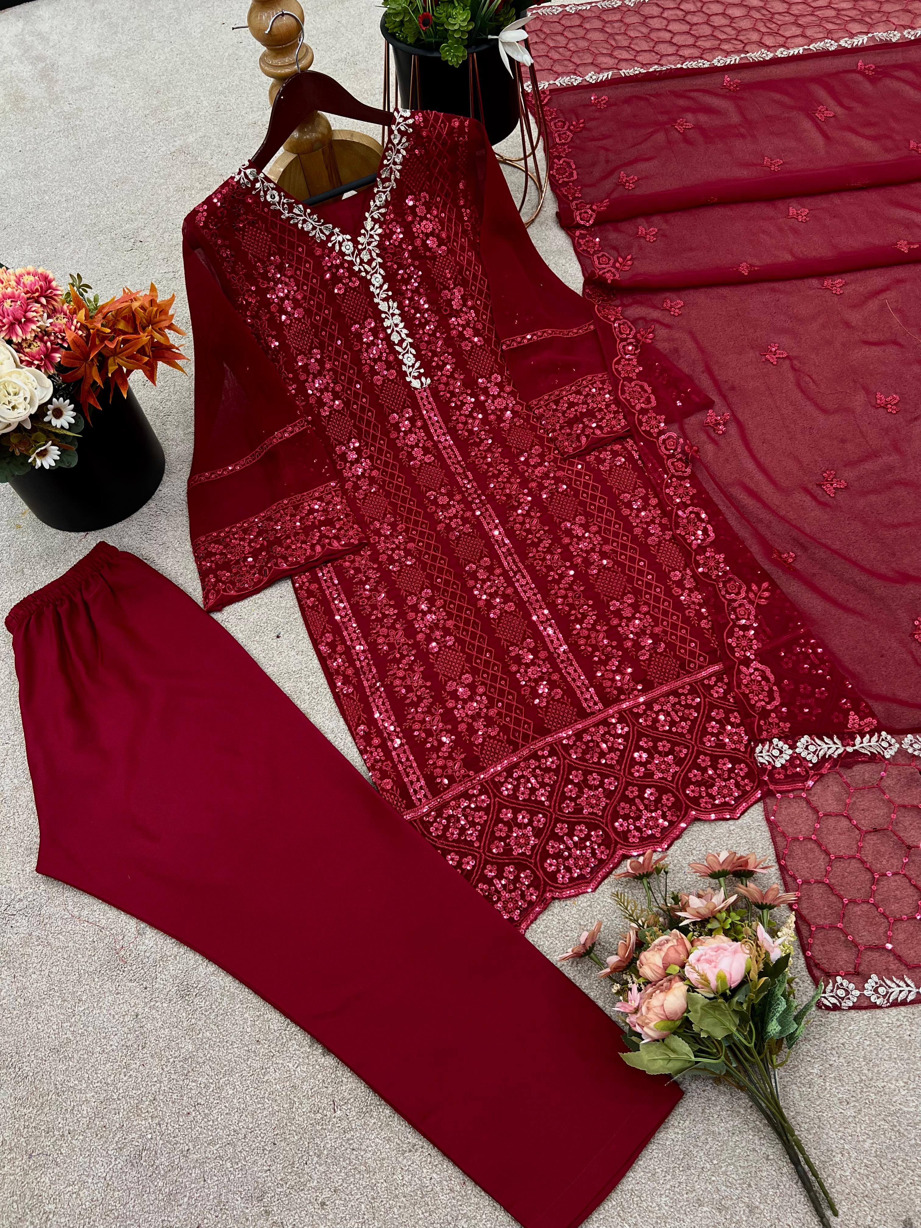 PRD0016 Presenting New Designer Collection In Faux Georgette Top-Bottom And Dupatta Set Fully Stitched Ready To Wear