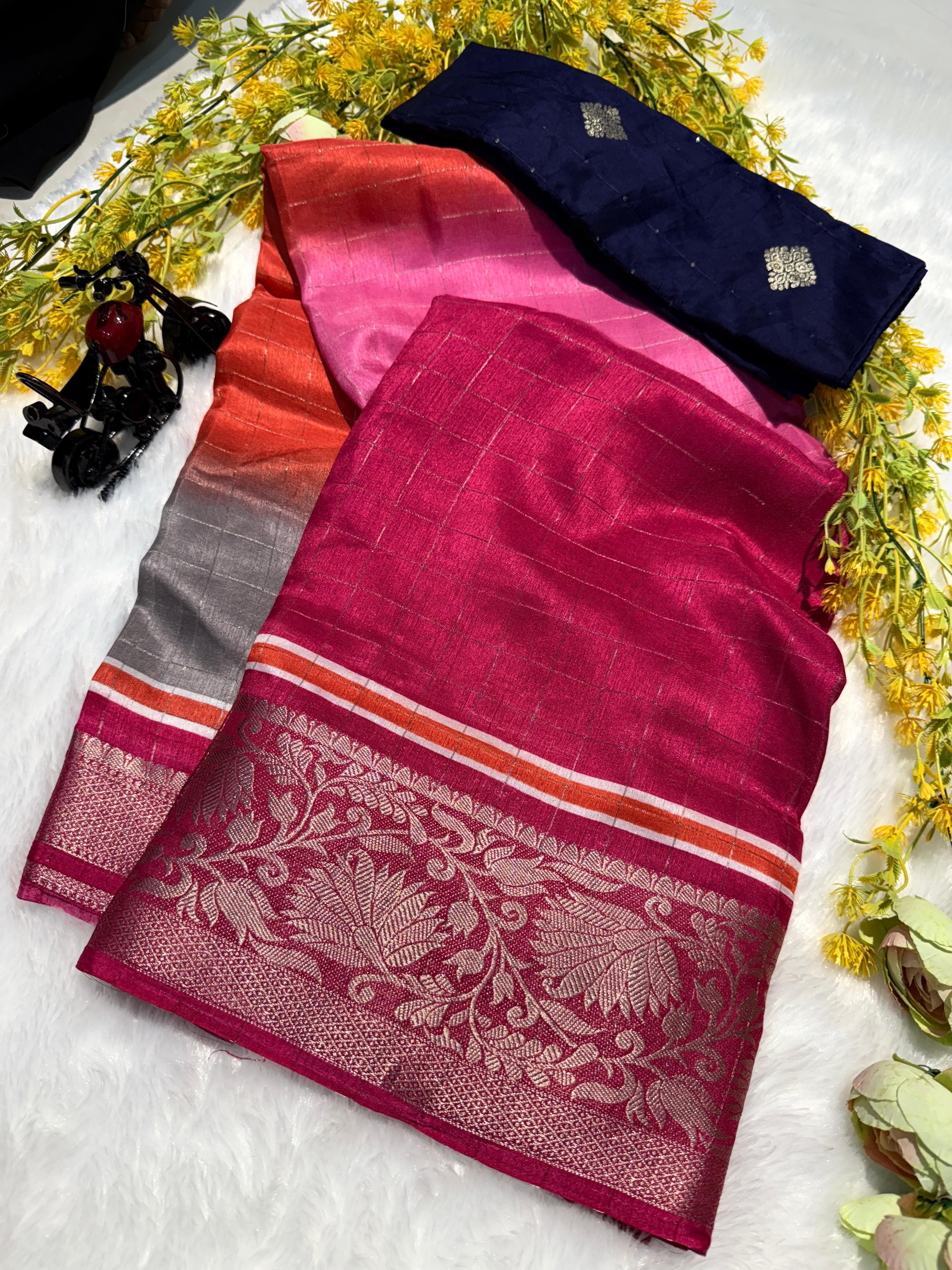 PRD004 Step out in style with our super dola chex saree featuring a dual blouse design