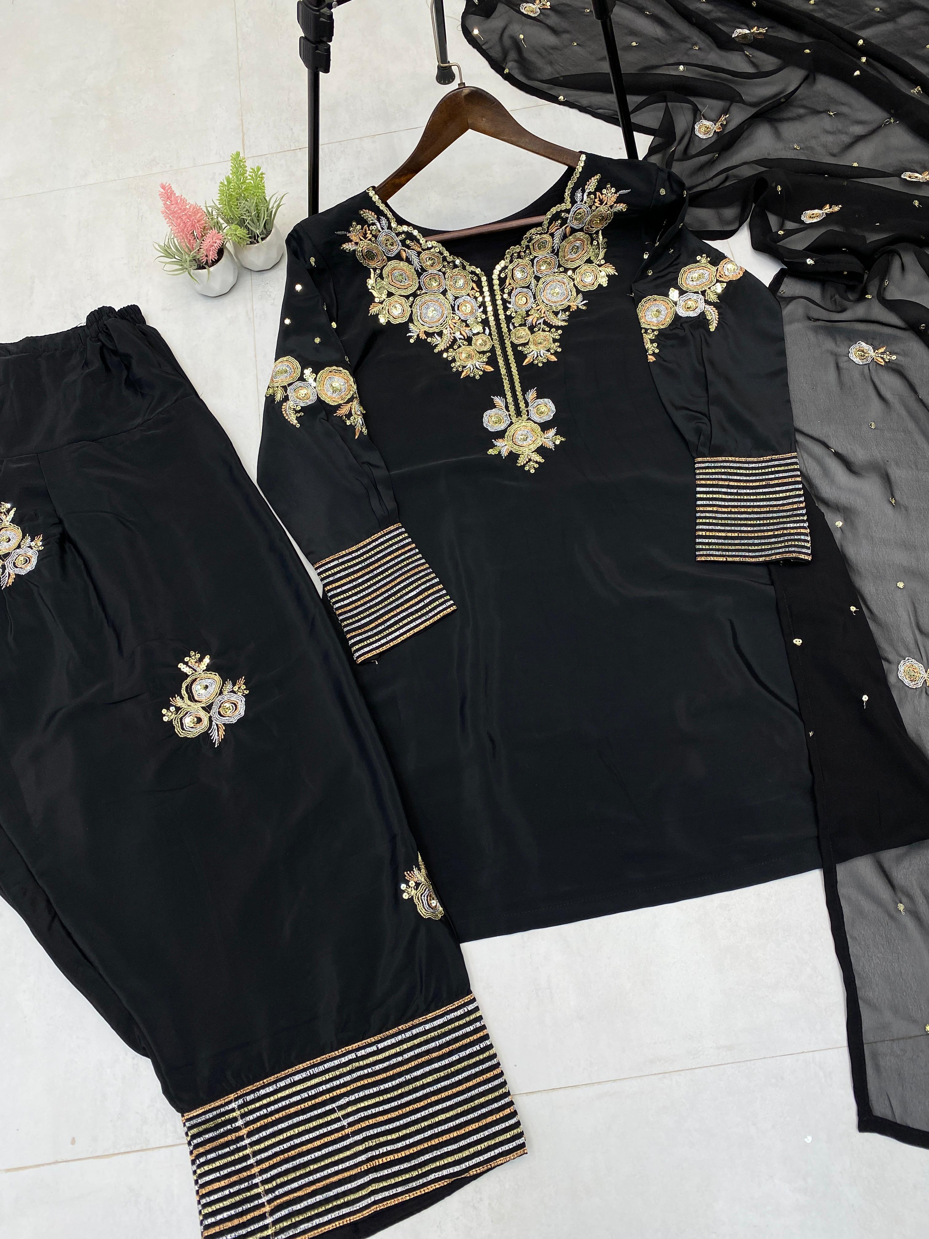PRD0015 EXCLUSIVE DESIGNER CRAPE SILK WITH SEQUANCE EMBROIDERY WORK SUIT WITH SALWAAR AND DUPATTA