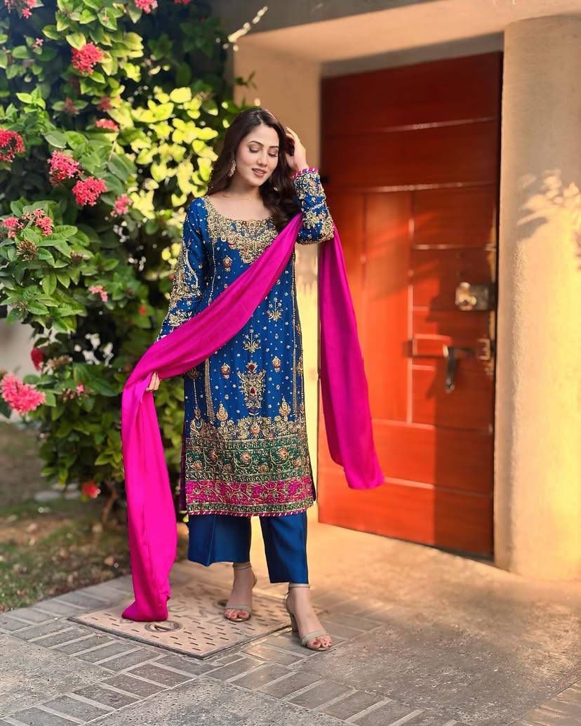 PRD0013 💐 PRESENTING GOOD QUALITY CHINON SILK KURTI-PANT & DUPATTA SET WITH BEAUTIFUL ZARI & SEQUINS EMBROIDERY WORK