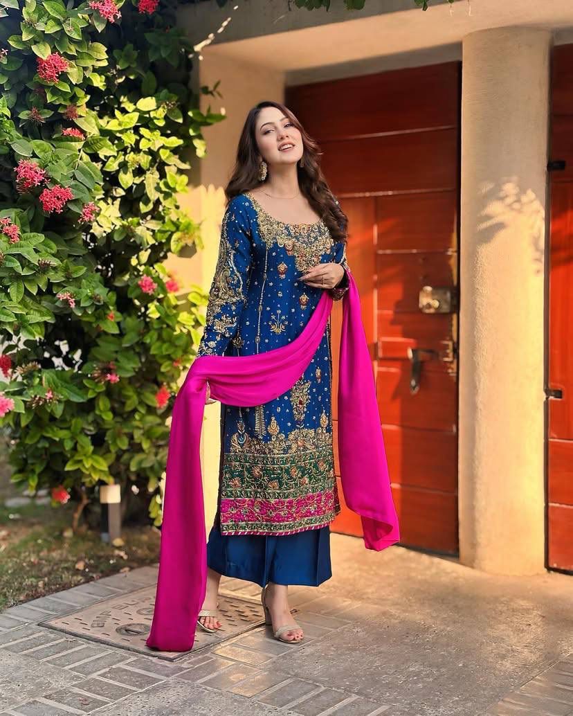 PRD0013 💐 PRESENTING GOOD QUALITY CHINON SILK KURTI-PANT & DUPATTA SET WITH BEAUTIFUL ZARI & SEQUINS EMBROIDERY WORK