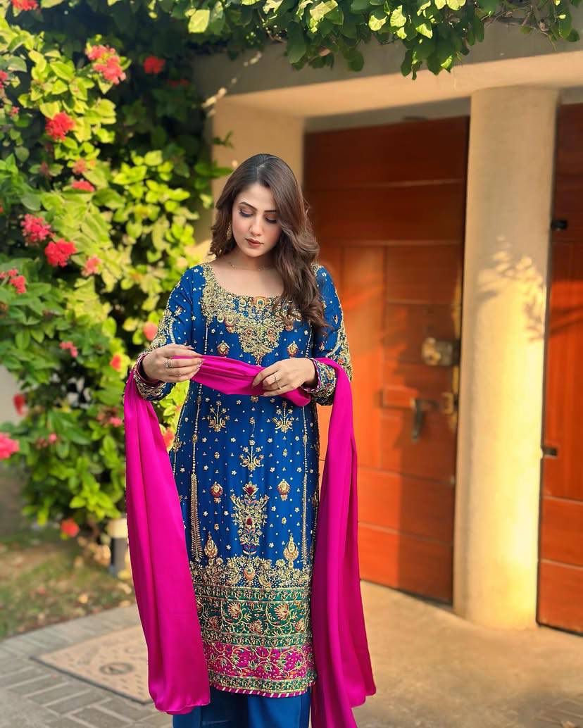 PRD0013 💐 PRESENTING GOOD QUALITY CHINON SILK KURTI-PANT & DUPATTA SET WITH BEAUTIFUL ZARI & SEQUINS EMBROIDERY WORK
