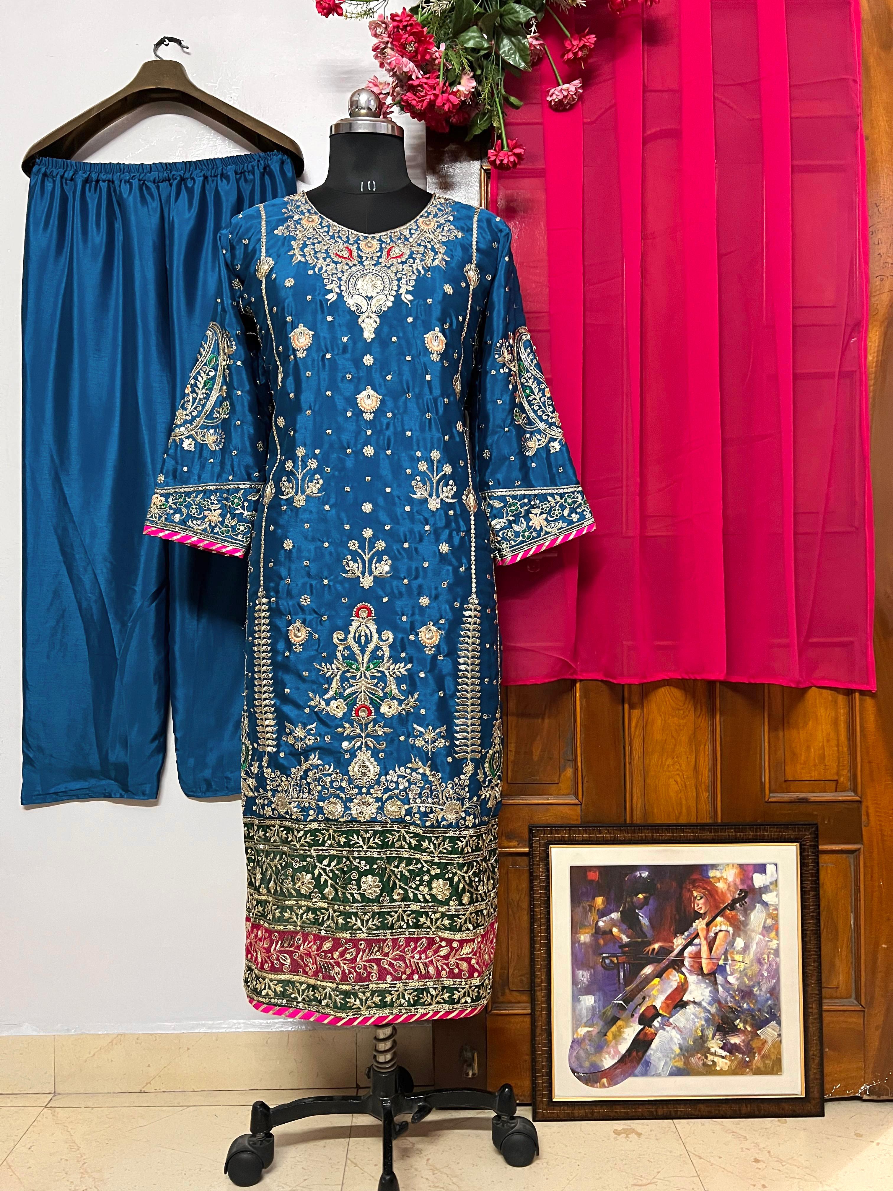 PRD0013 💐 PRESENTING GOOD QUALITY CHINON SILK KURTI-PANT & DUPATTA SET WITH BEAUTIFUL ZARI & SEQUINS EMBROIDERY WORK