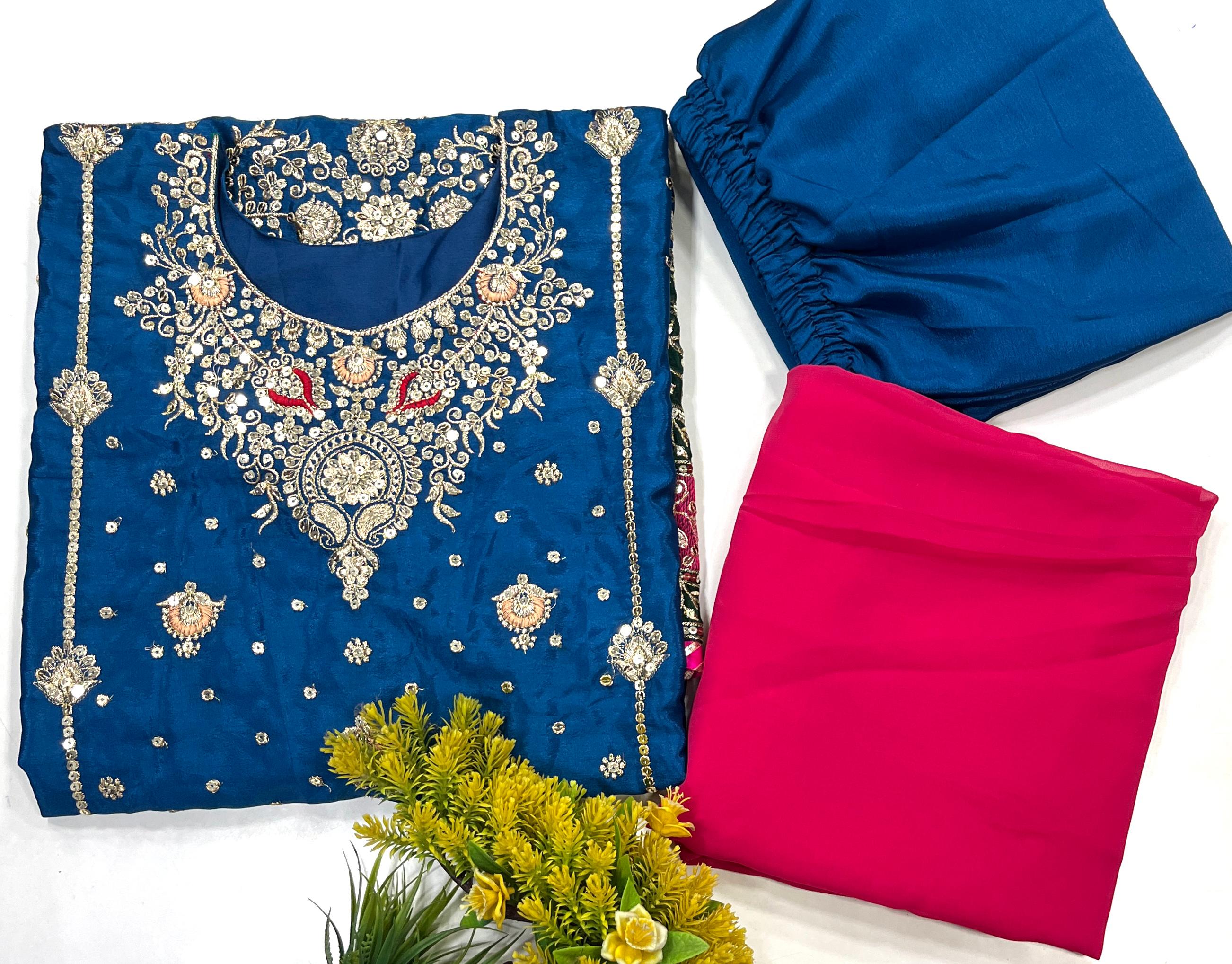 PRD0013 💐 PRESENTING GOOD QUALITY CHINON SILK KURTI-PANT & DUPATTA SET WITH BEAUTIFUL ZARI & SEQUINS EMBROIDERY WORK
