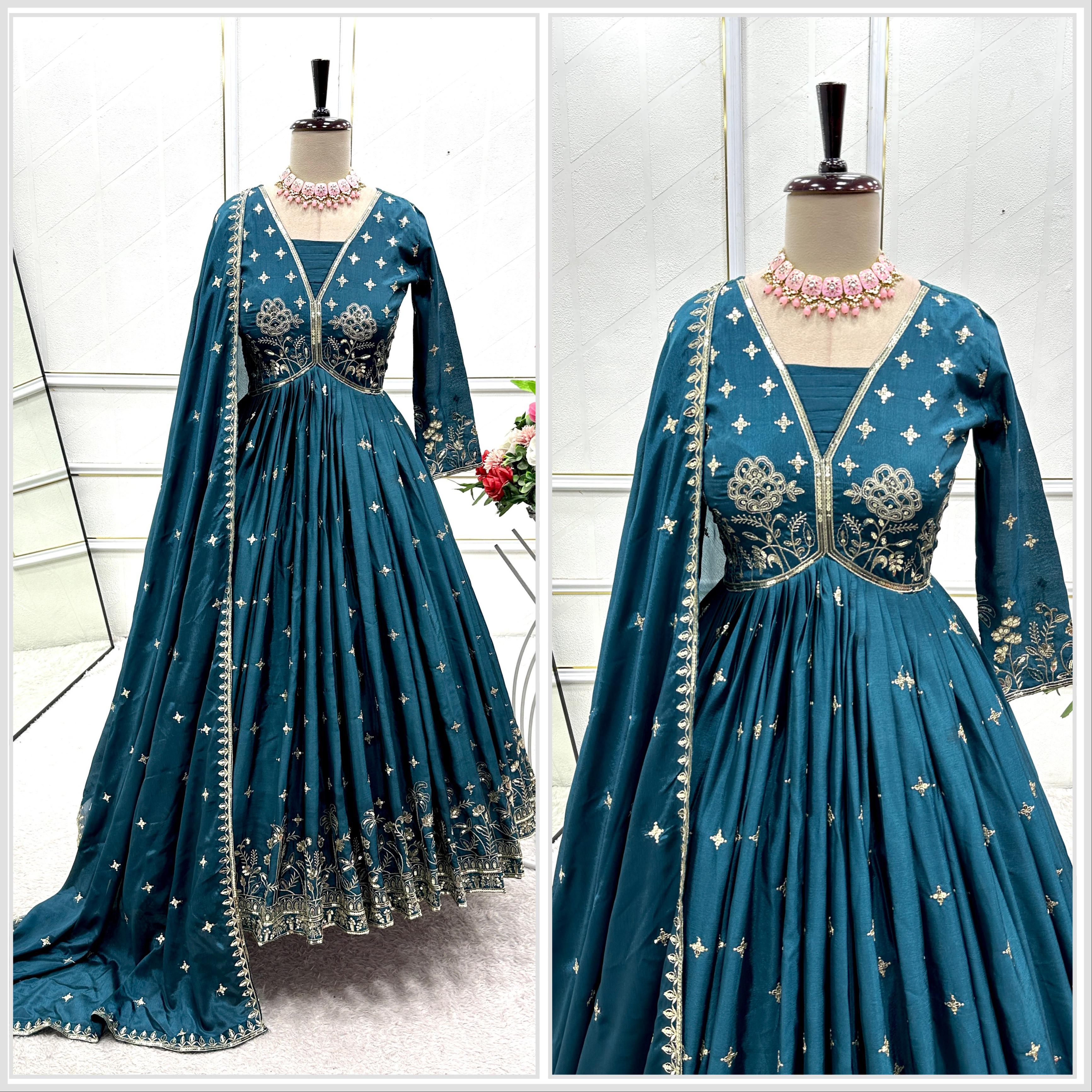 PRD009  New Designer Aliya-Cut Look Heavy Dola Silk Gown Pant & Dupatta Set