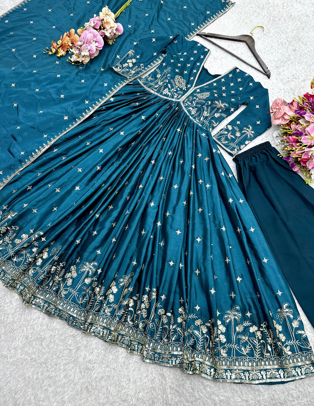 PRD009  New Designer Aliya-Cut Look Heavy Dola Silk Gown Pant & Dupatta Set