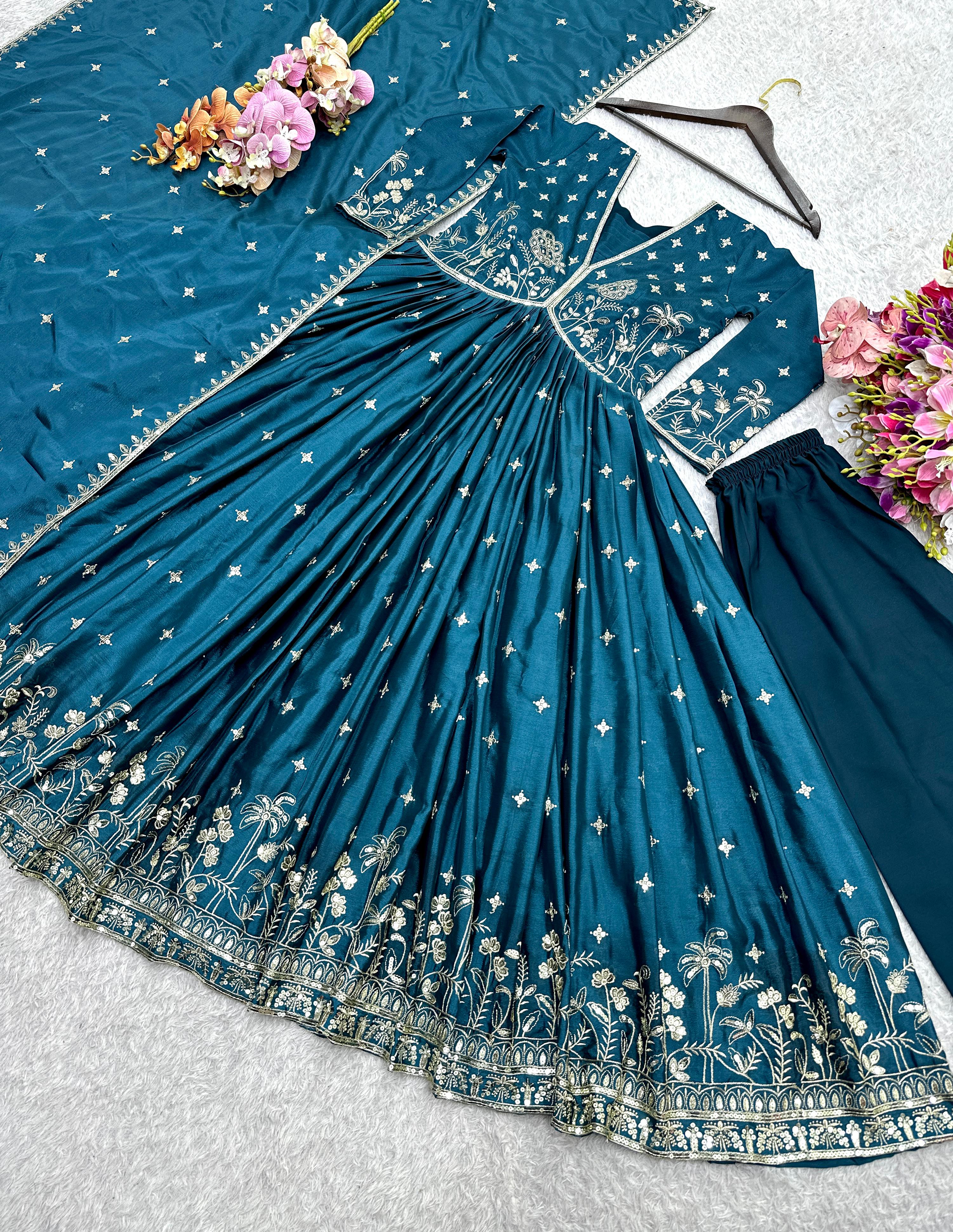 PRD009  New Designer Aliya-Cut Look Heavy Dola Silk Gown Pant & Dupatta Set