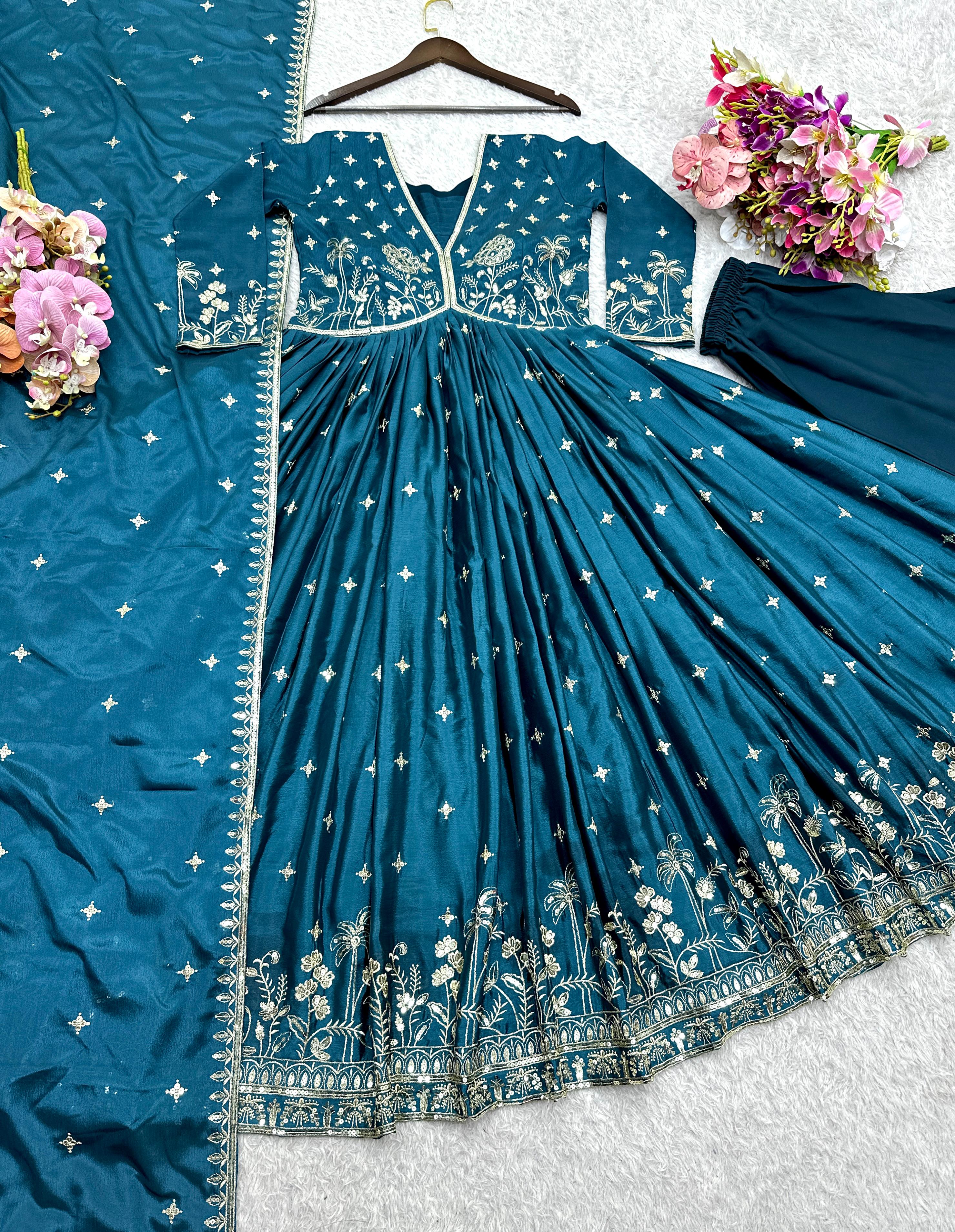 PRD009  New Designer Aliya-Cut Look Heavy Dola Silk Gown Pant & Dupatta Set