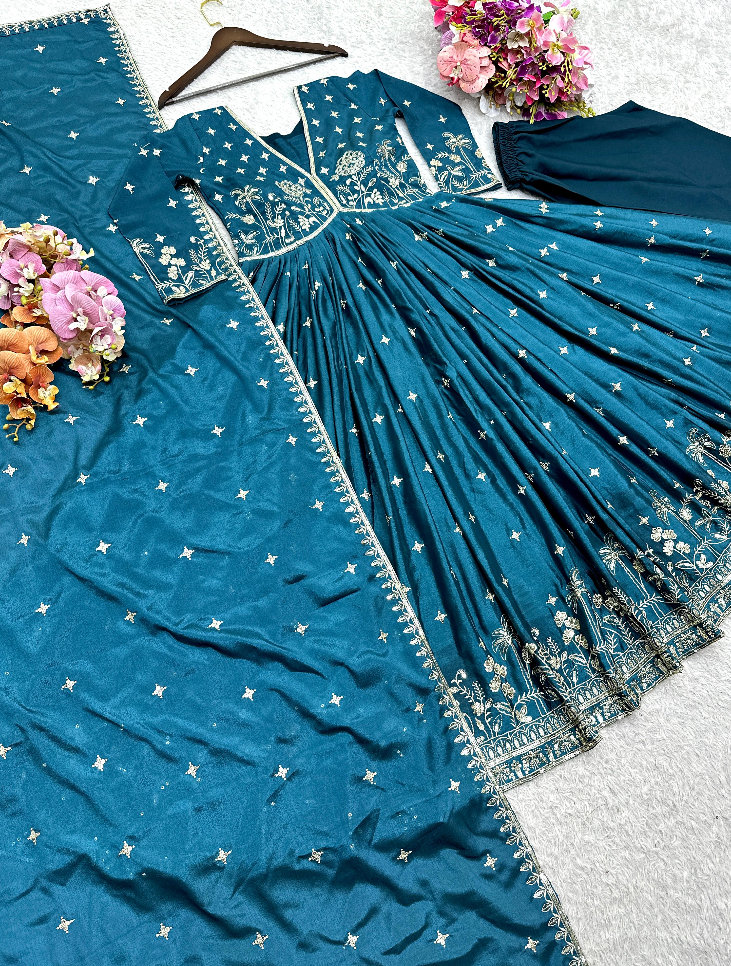 PRD009  New Designer Aliya-Cut Look Heavy Dola Silk Gown Pant & Dupatta Set