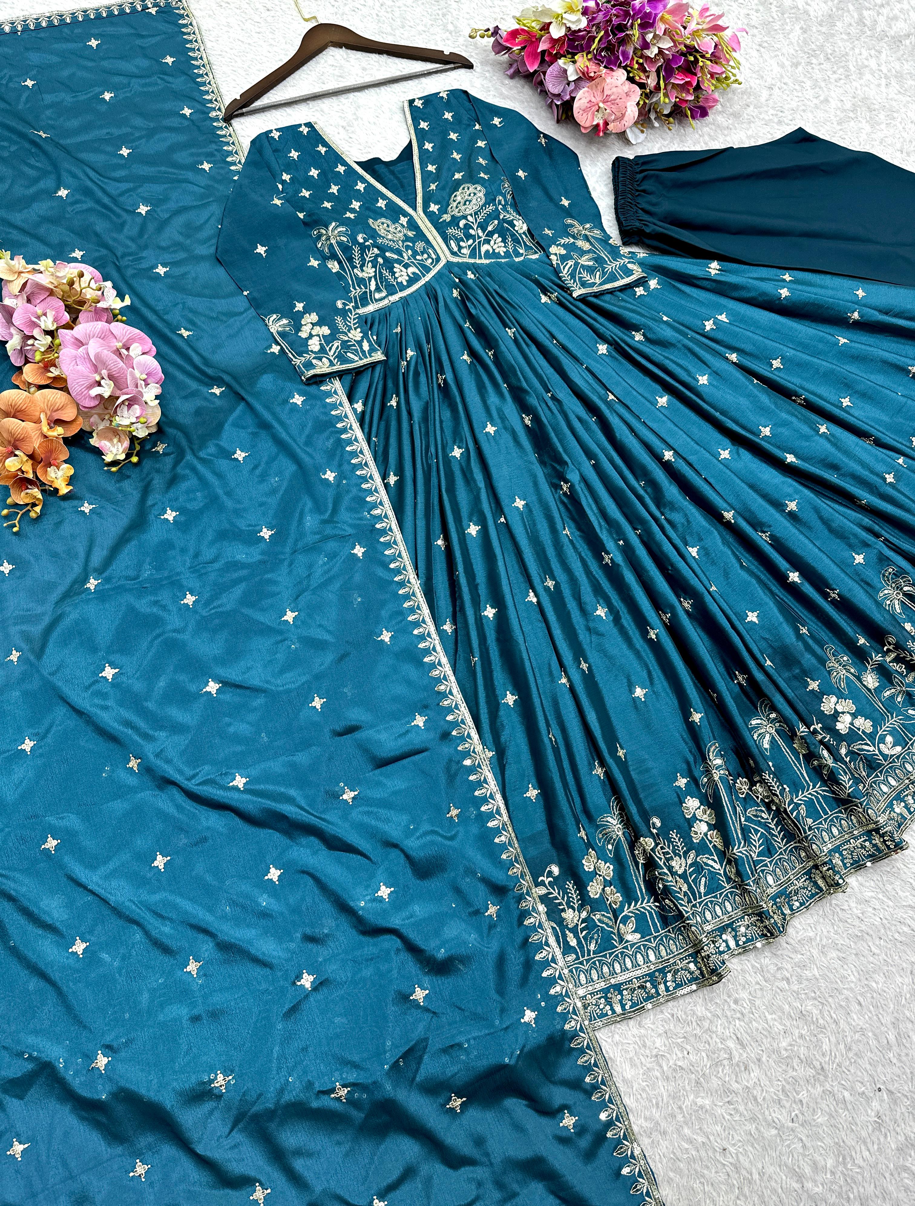 PRD009  New Designer Aliya-Cut Look Heavy Dola Silk Gown Pant & Dupatta Set