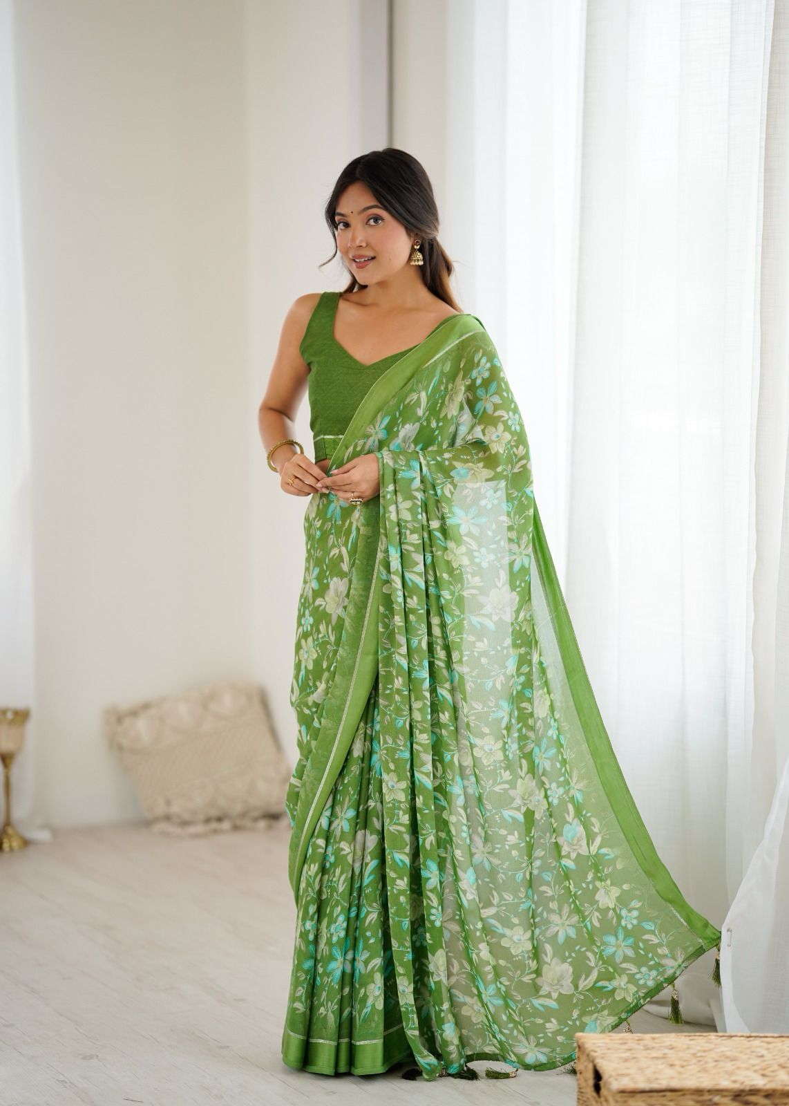 PRD0022 BRIGHT MOSS SATIN PATTA PRINTED SAREE