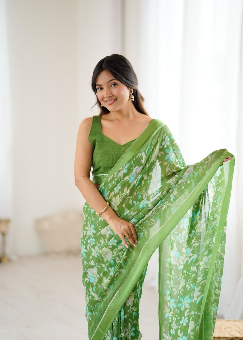 PRD0022 BRIGHT MOSS SATIN PATTA PRINTED SAREE