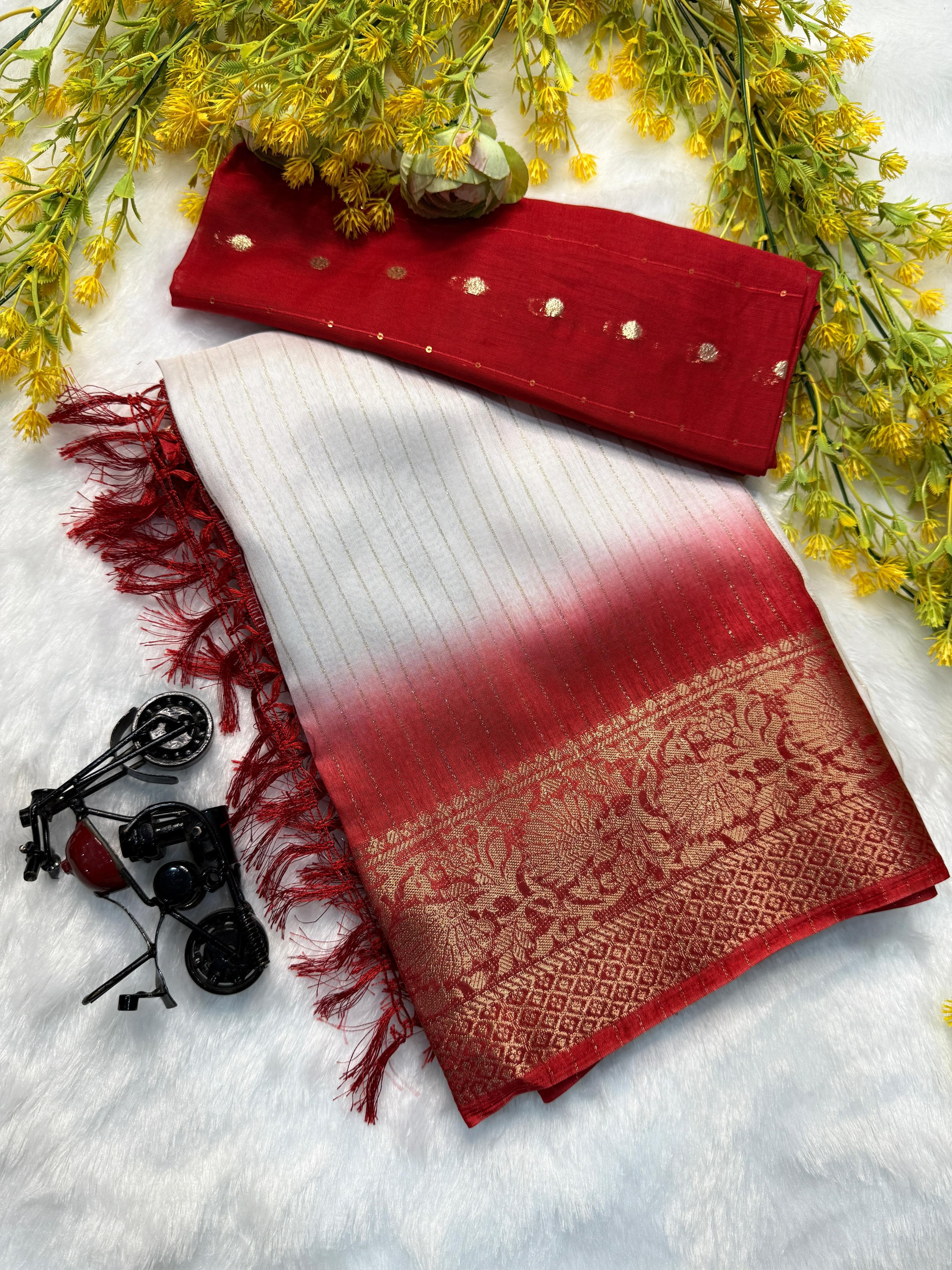 PRD0023 Heavy riko zari saree with zari weave stripes Padding discharge print on allover saree