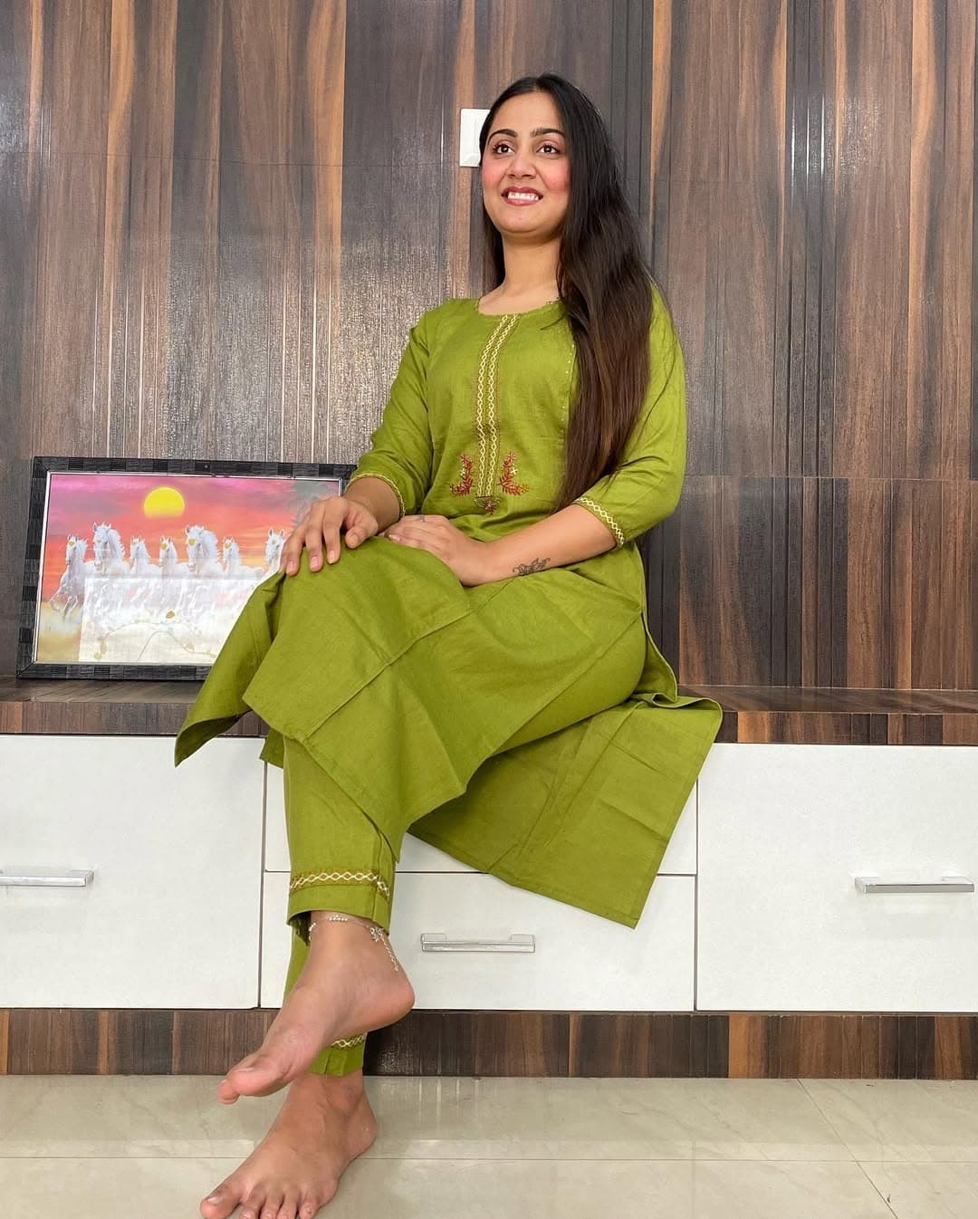 RHS007 Pure fine Cotton fabric Embroidery Work Kurti with Pant with cotton 100-100
