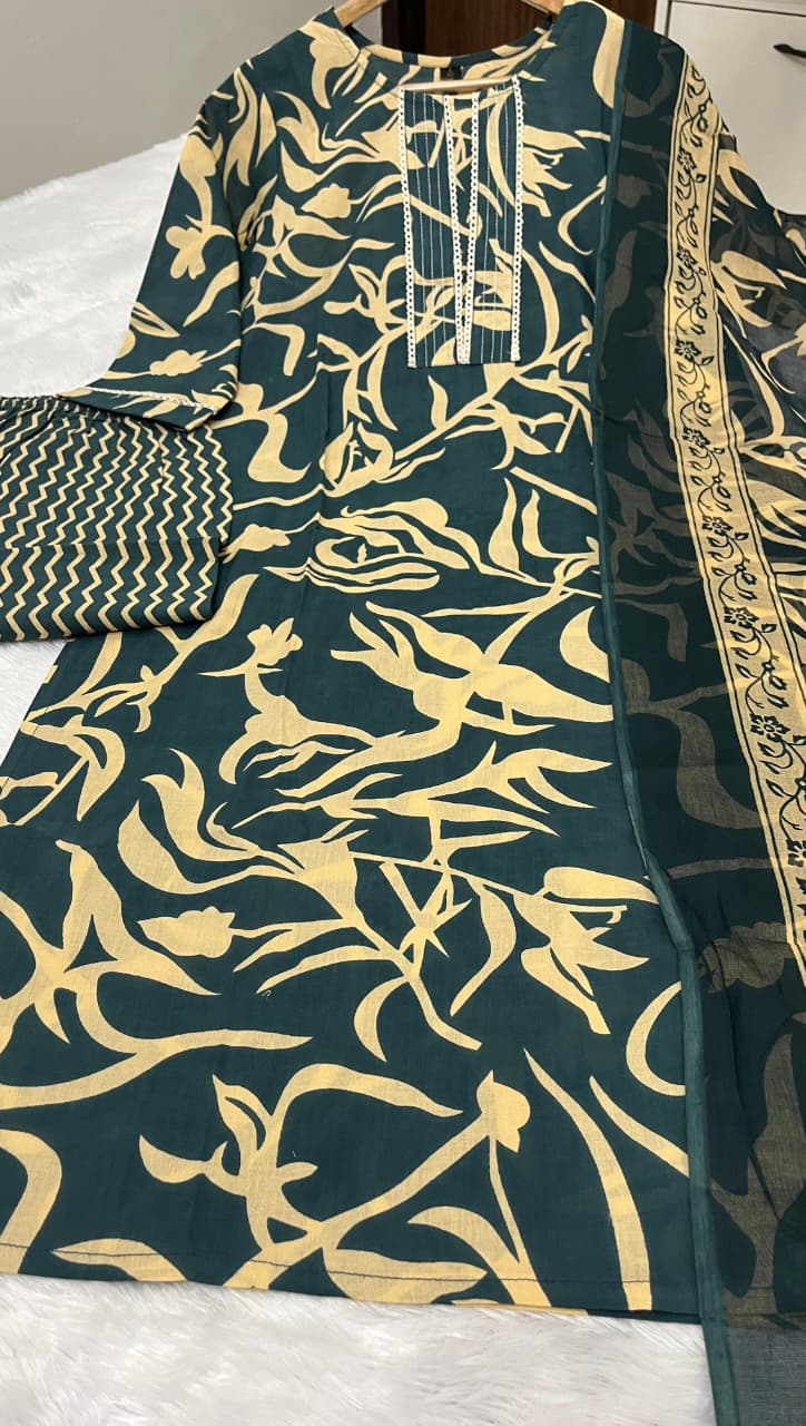 RHS008 Pure fine Cotton fabric kurti with pant with cotton khata lace work and  Dupatta set