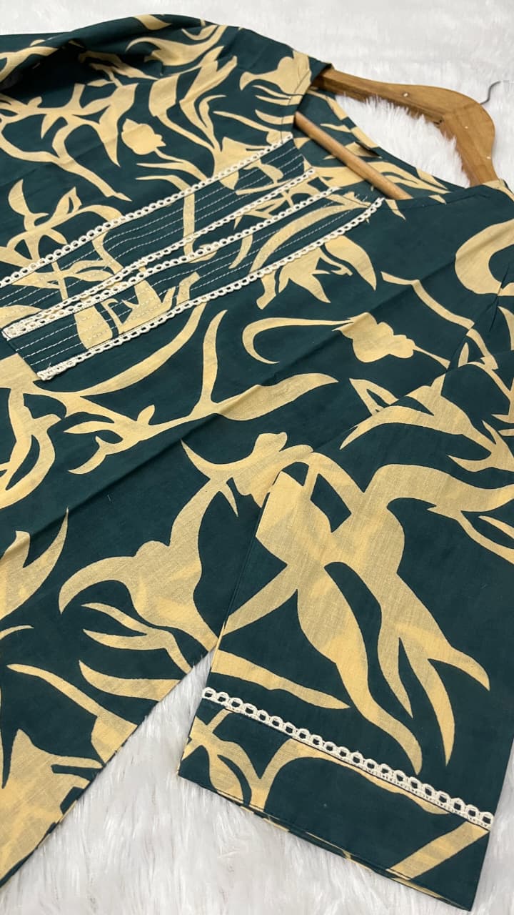 RHS008 Pure fine Cotton fabric kurti with pant with cotton khata lace work and  Dupatta set