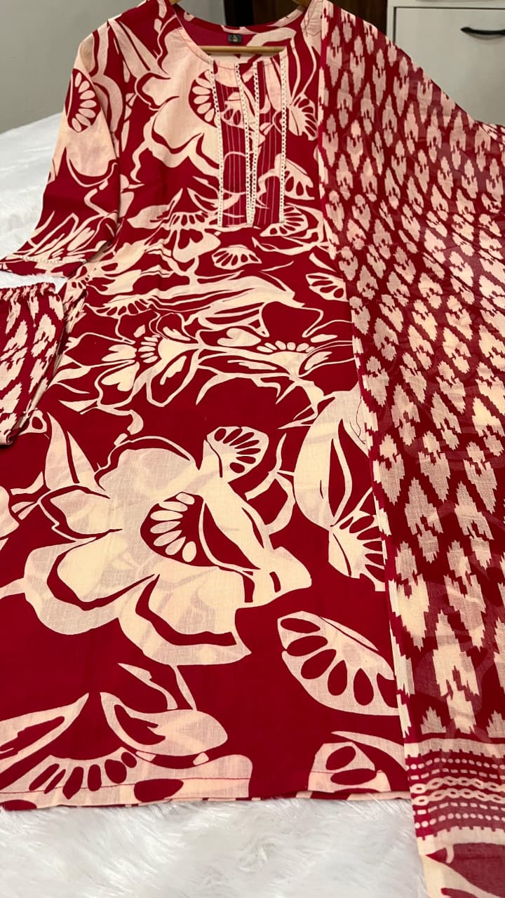 RHS008 Pure fine Cotton fabric kurti with pant with cotton khata lace work and  Dupatta set (Copy)