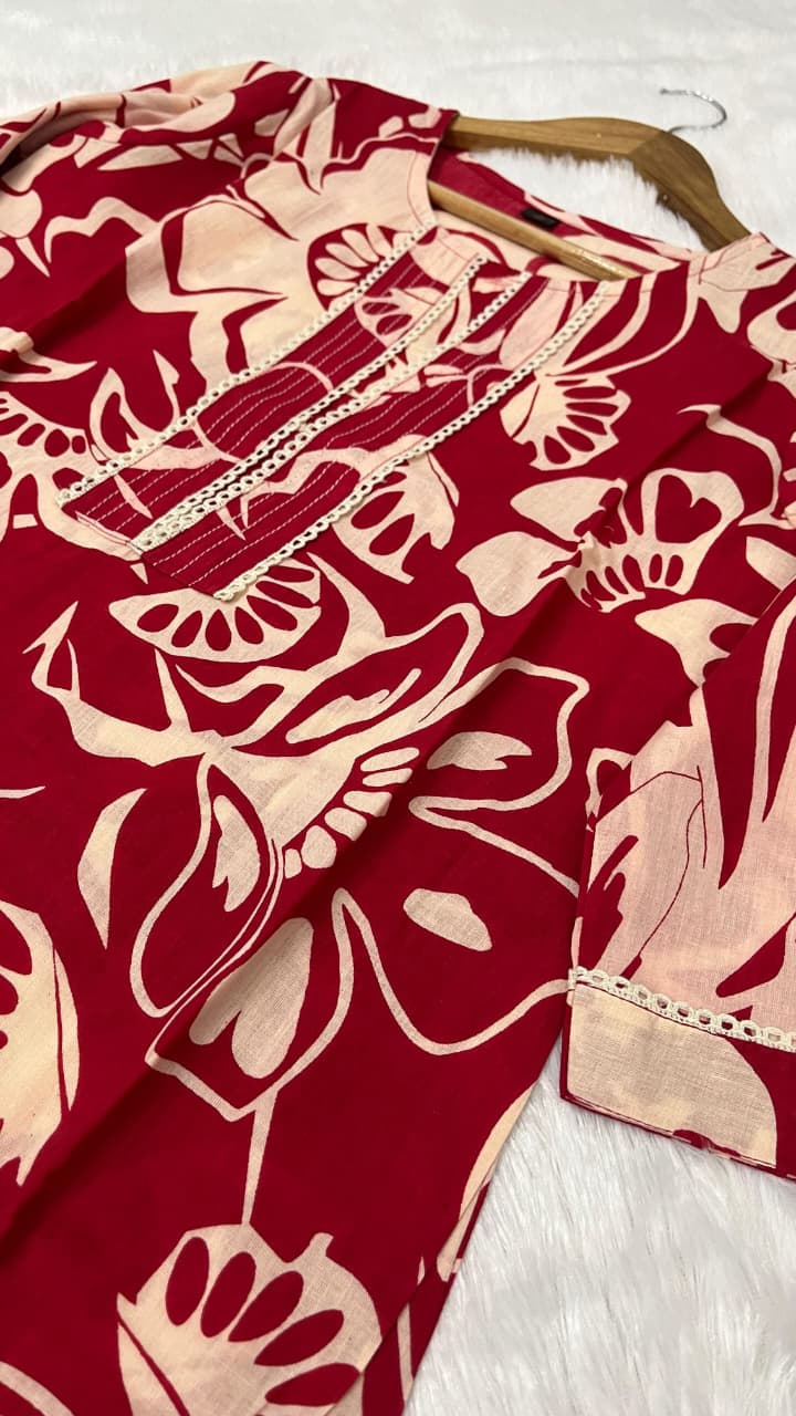 RHS008 Pure fine Cotton fabric kurti with pant with cotton khata lace work and  Dupatta set (Copy)