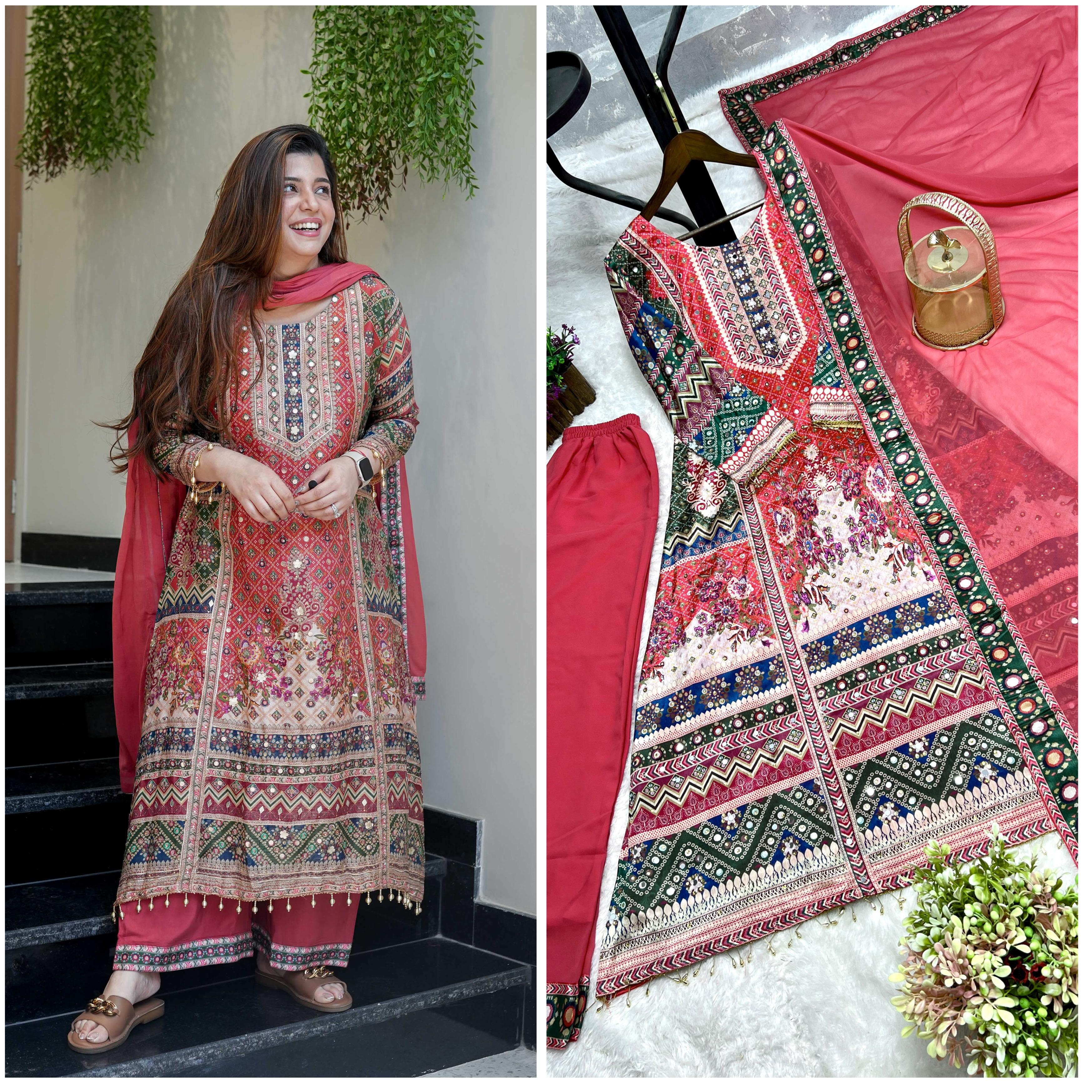 PRD0027  3 PIECE FANCY PRINTED A-Line KURTI WITH BEAUTIFUL PLAZZO AND ATTRACTIVE DUPATTA