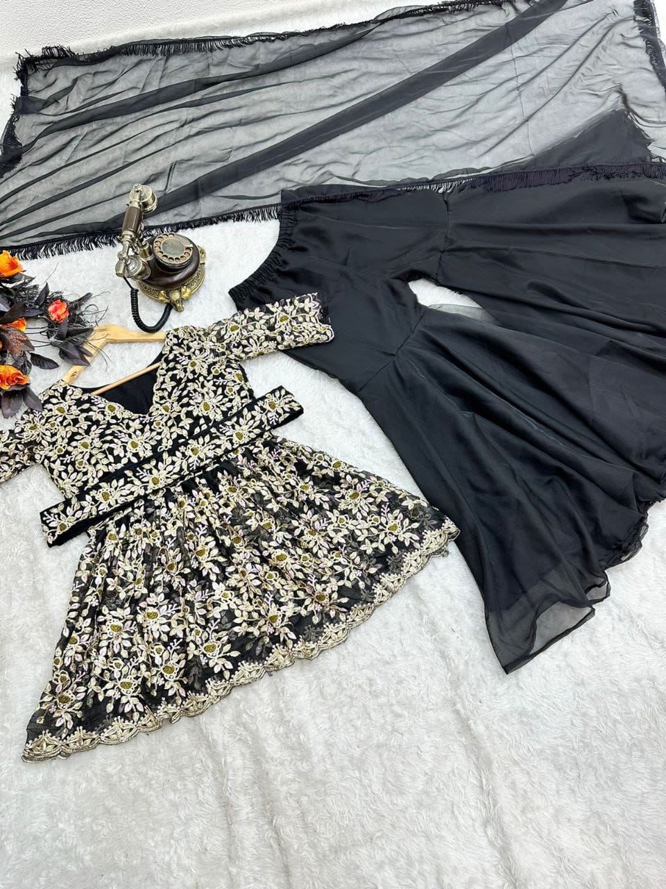 PRD0028 TRENDY BLACK COLOR SHARARA SET