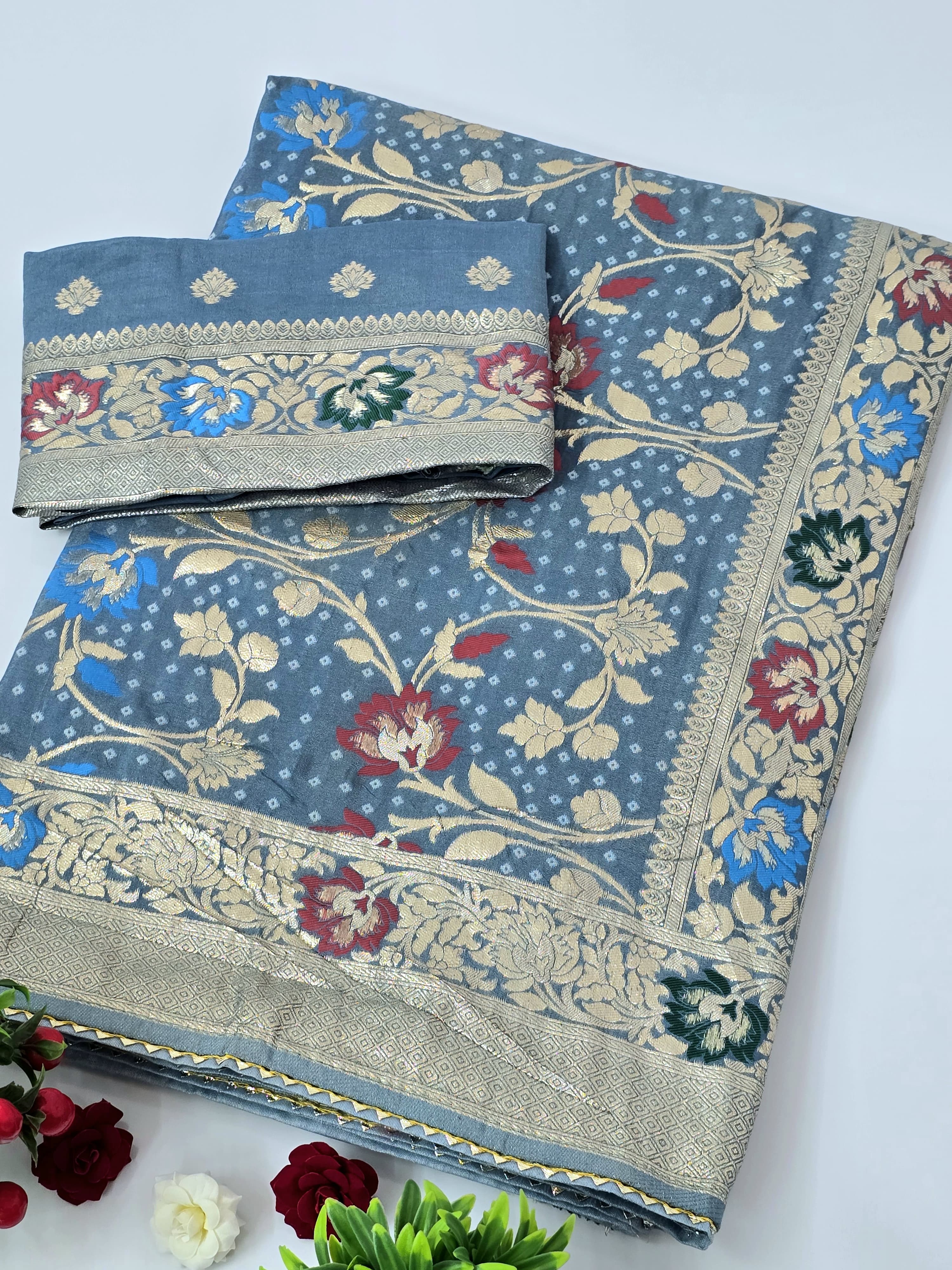 PRD0038 PPURE DOLA BANARASI SAREE WEAVING JARI ALL OVER IN SAREE WITH RICH PALLU & BIJIA LACE WHITH MENAAWORK SAREE CUT 5.5