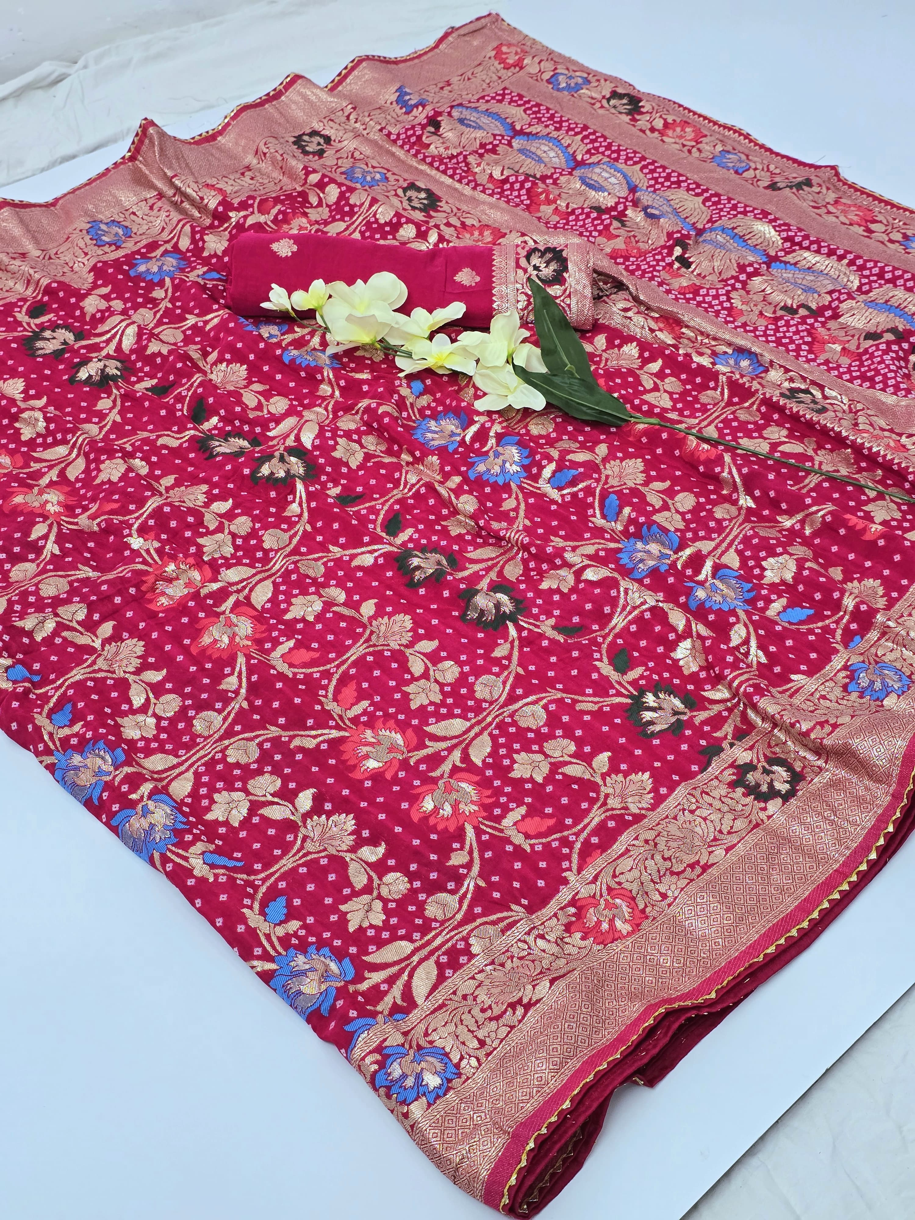 PRD0038 PPURE DOLA BANARASI SAREE WEAVING JARI ALL OVER IN SAREE WITH RICH PALLU & BIJIA LACE WHITH MENAAWORK SAREE CUT 5.5