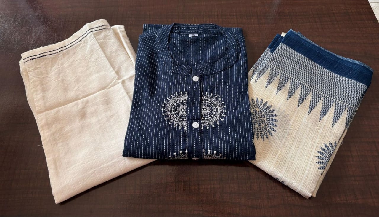 PRD0012 Pure cotton handwoven kurta with embroidery work paired with flower kota silk dupatta and cotton pants