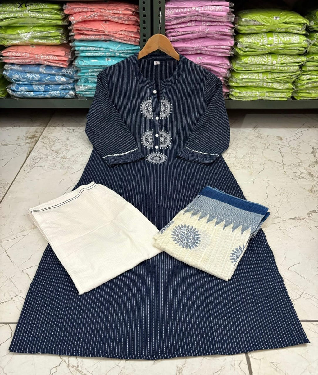 PRD0012 Pure cotton handwoven kurta with embroidery work paired with flower kota silk dupatta and cotton pants