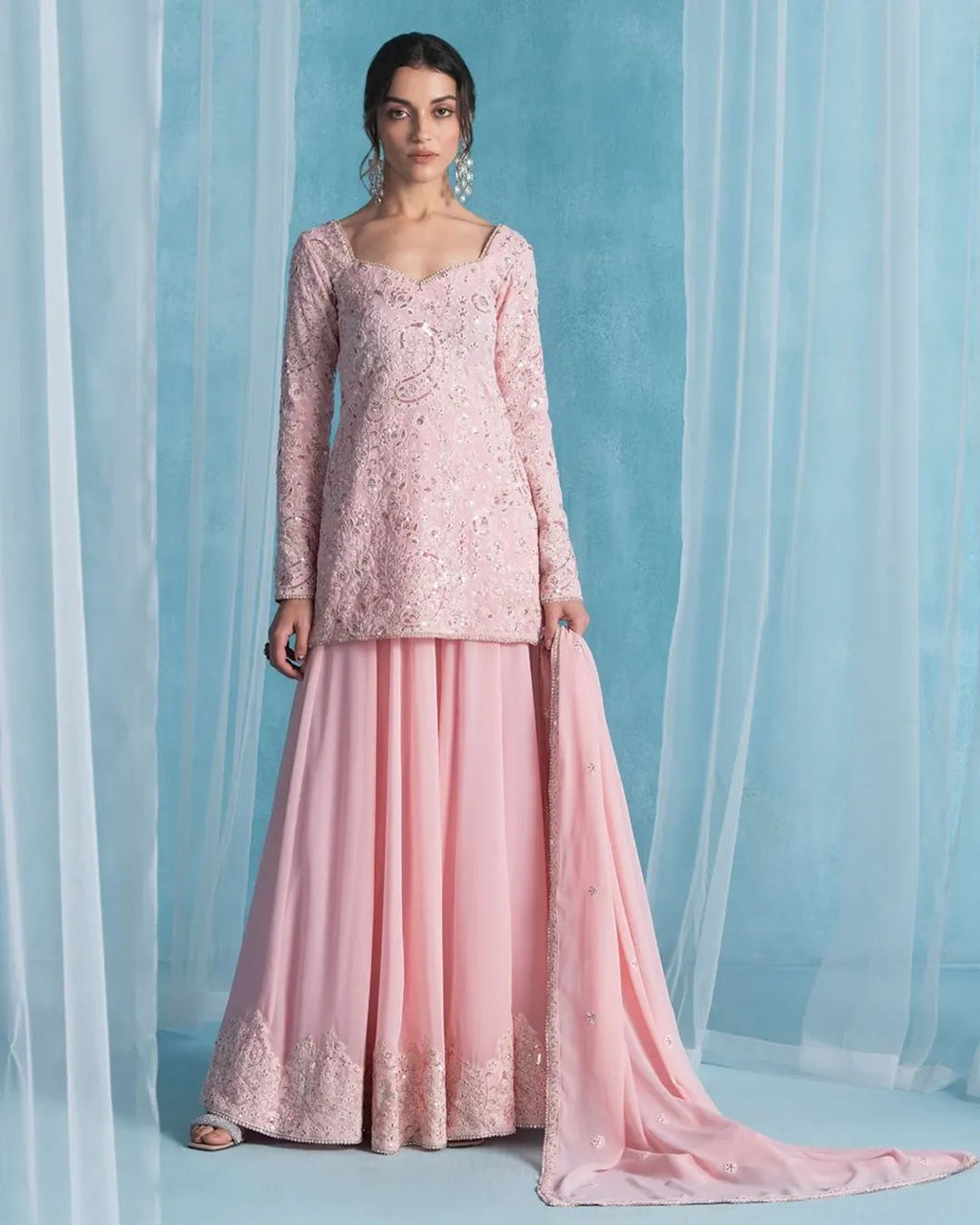 PRD0030 EXCLUSIVE DESIGNER SEQUINS EMBROIDERY WORK SUIT IN GEORGETTE WITH KURTI, PLAZZO AND DUPATTA