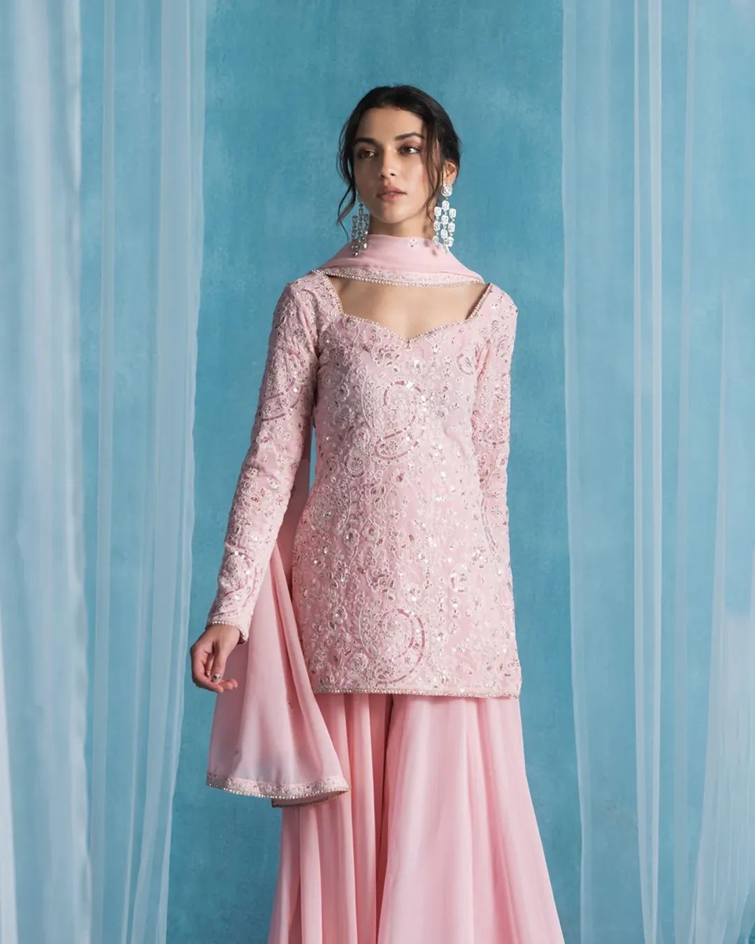 PRD0030 EXCLUSIVE DESIGNER SEQUINS EMBROIDERY WORK SUIT IN GEORGETTE WITH KURTI, PLAZZO AND DUPATTA