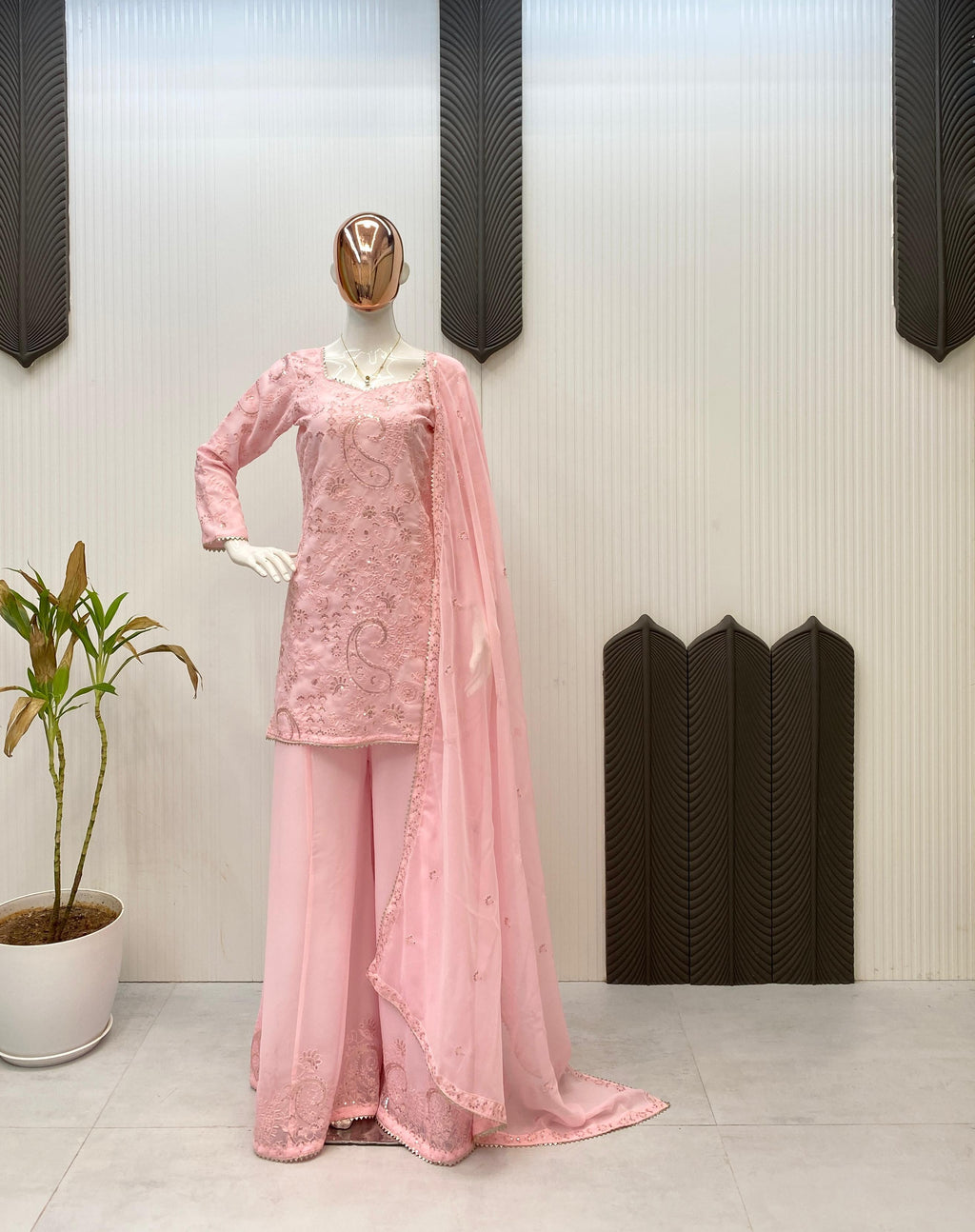 PRD0030 EXCLUSIVE DESIGNER SEQUINS EMBROIDERY WORK SUIT IN GEORGETTE WITH KURTI, PLAZZO AND DUPATTA