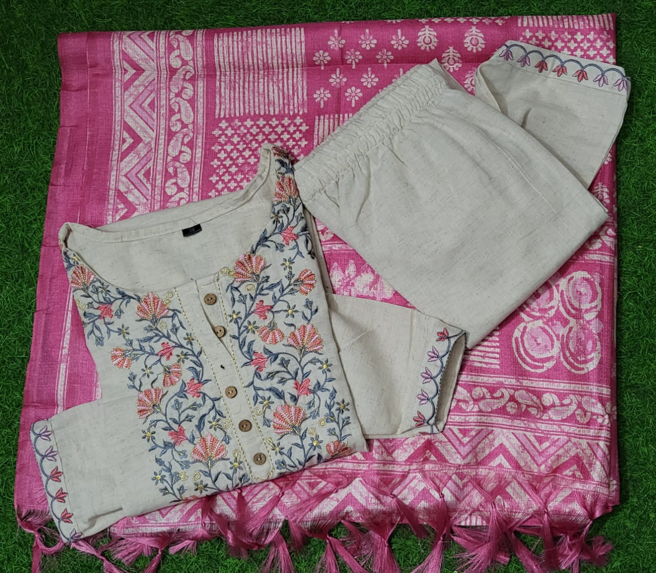 JKM009 Pure HANDLOOM khadi cotton weaving based fabric all over embroidery