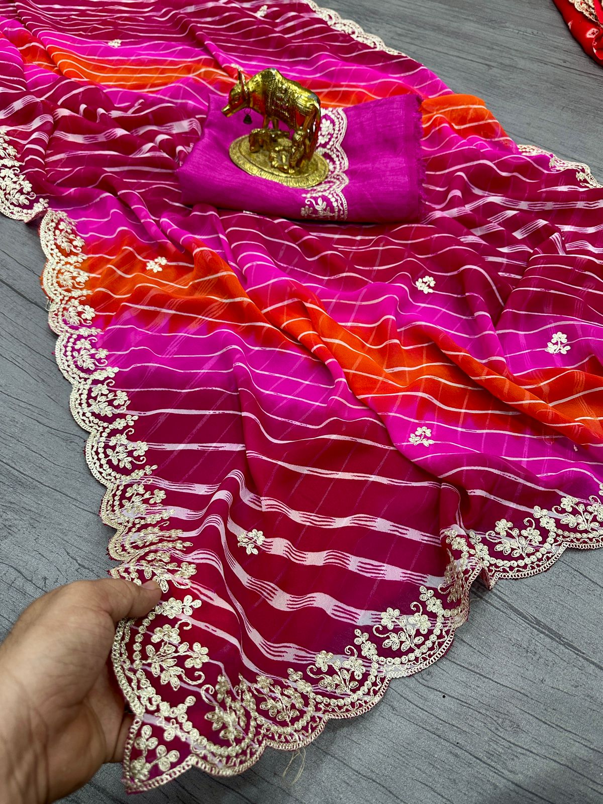 PRD0043 Pure Georgette with Jodhpur lehariya Print Saree with Beautiful Pita Work in C~Pallu Butti Work Border in Saree