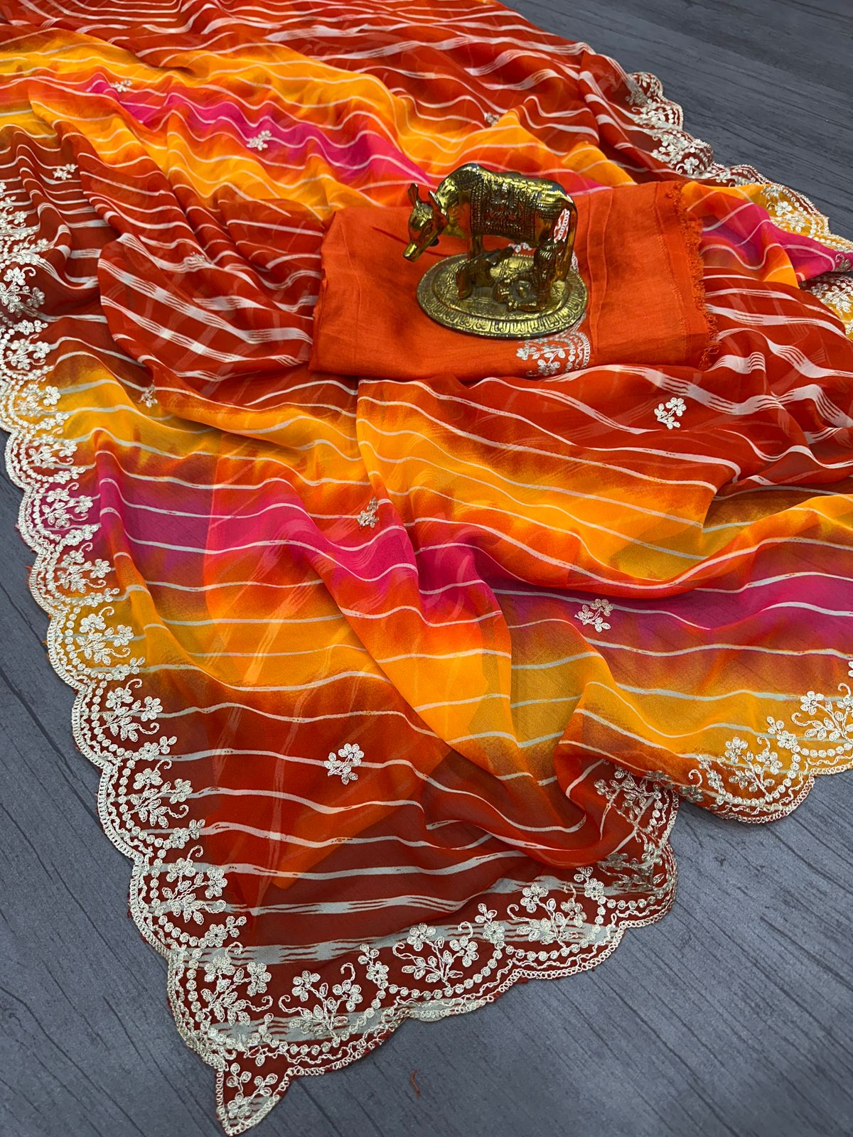 PRD0043 Pure Georgette with Jodhpur lehariya Print Saree with Beautiful Pita Work in C~Pallu Butti Work Border in Saree