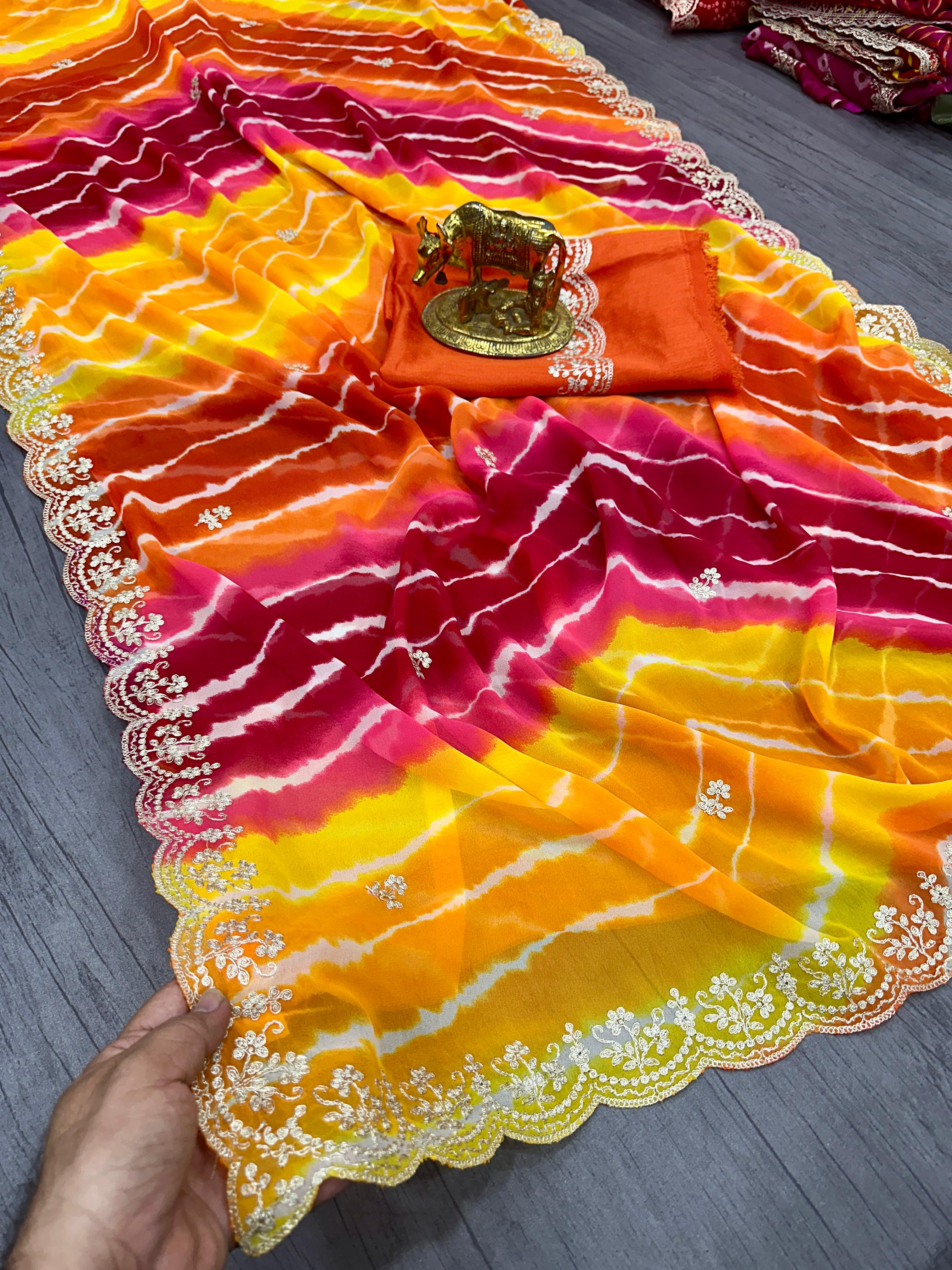PRD0043 Pure Georgette with Jodhpur lehariya Print Saree with Beautiful Pita Work in C~Pallu Butti Work Border in Saree